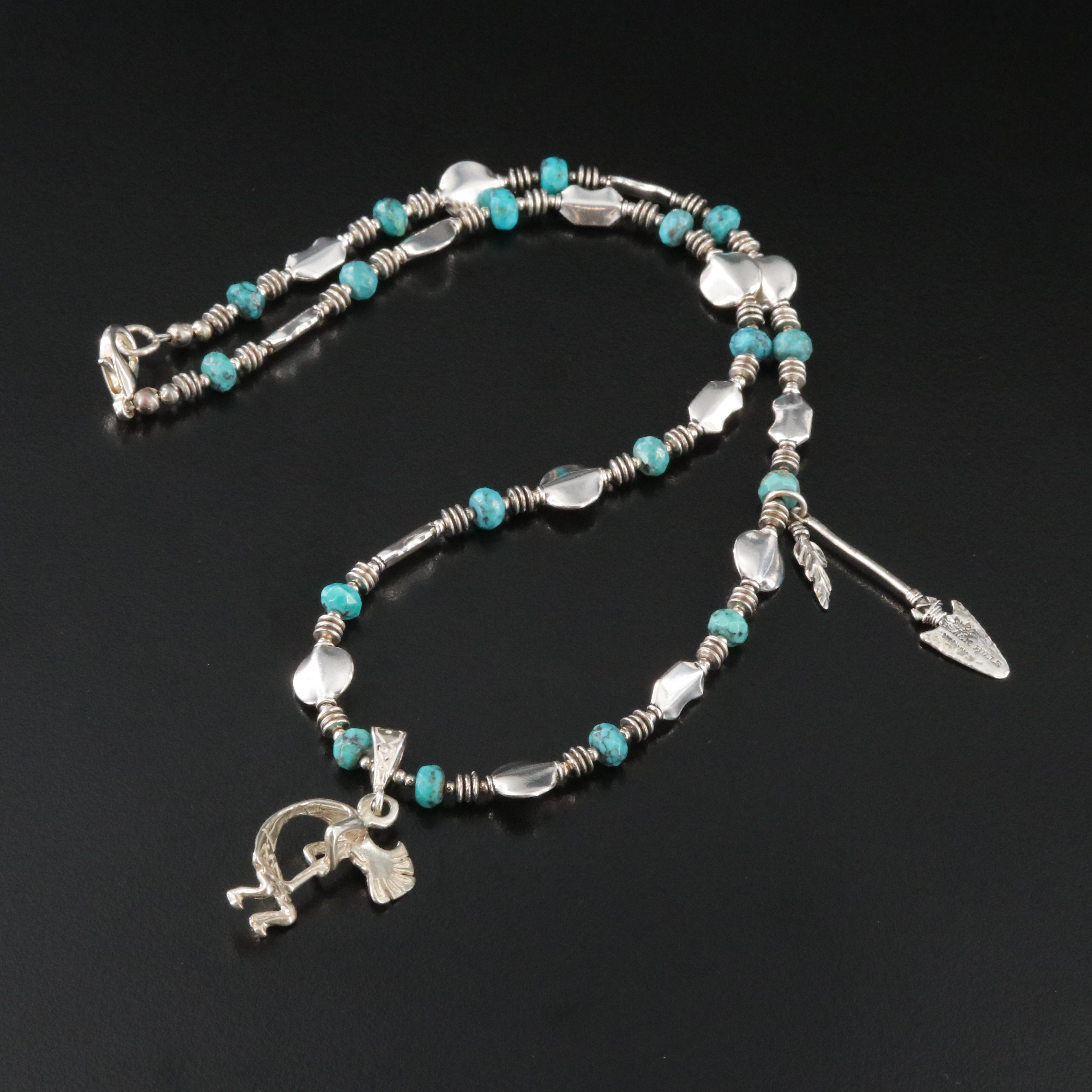 Western Sterling Turquoise Necklace with Kokopelli and Arrow Pendants