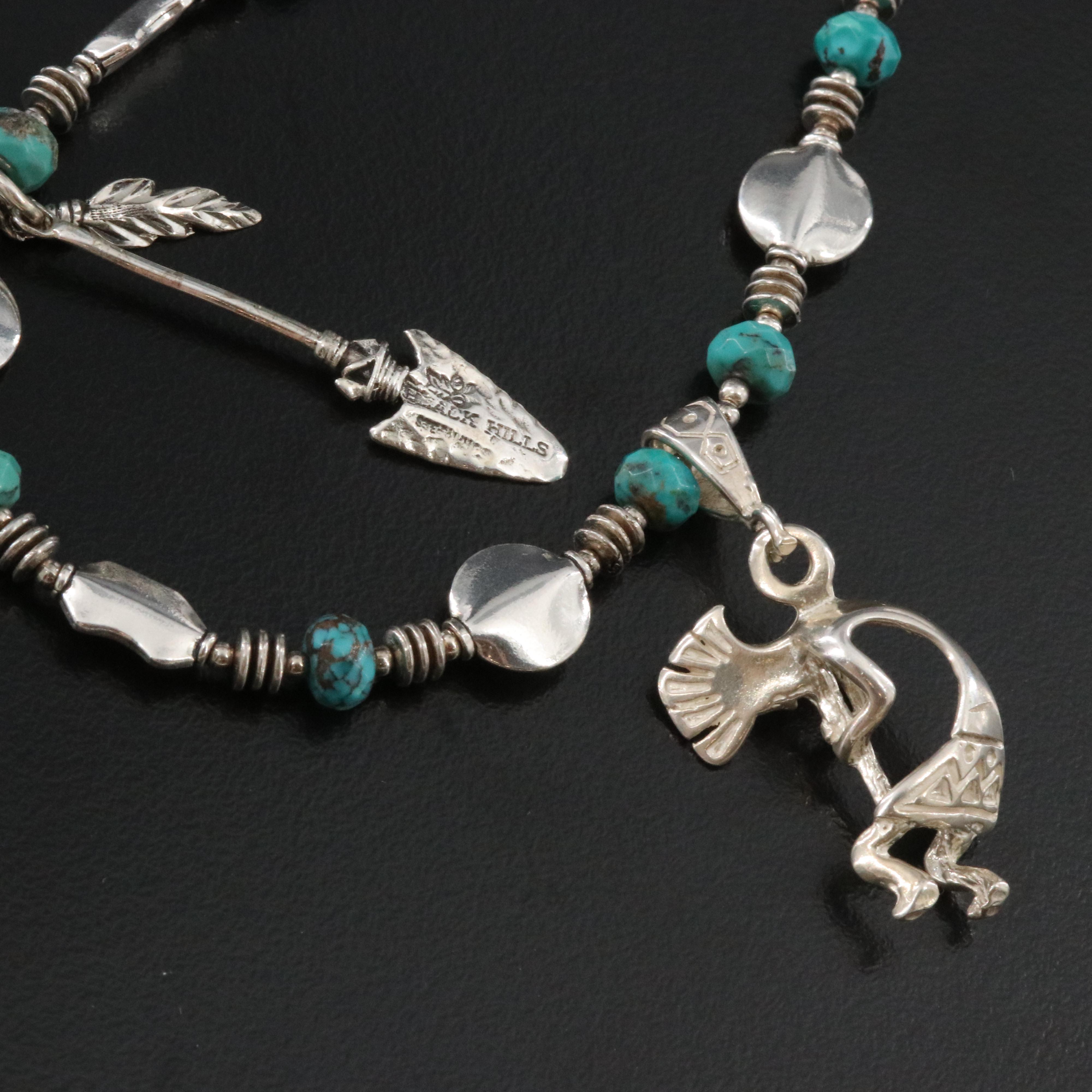 Western Sterling Turquoise Necklace with Kokopelli and Arrow Pendants