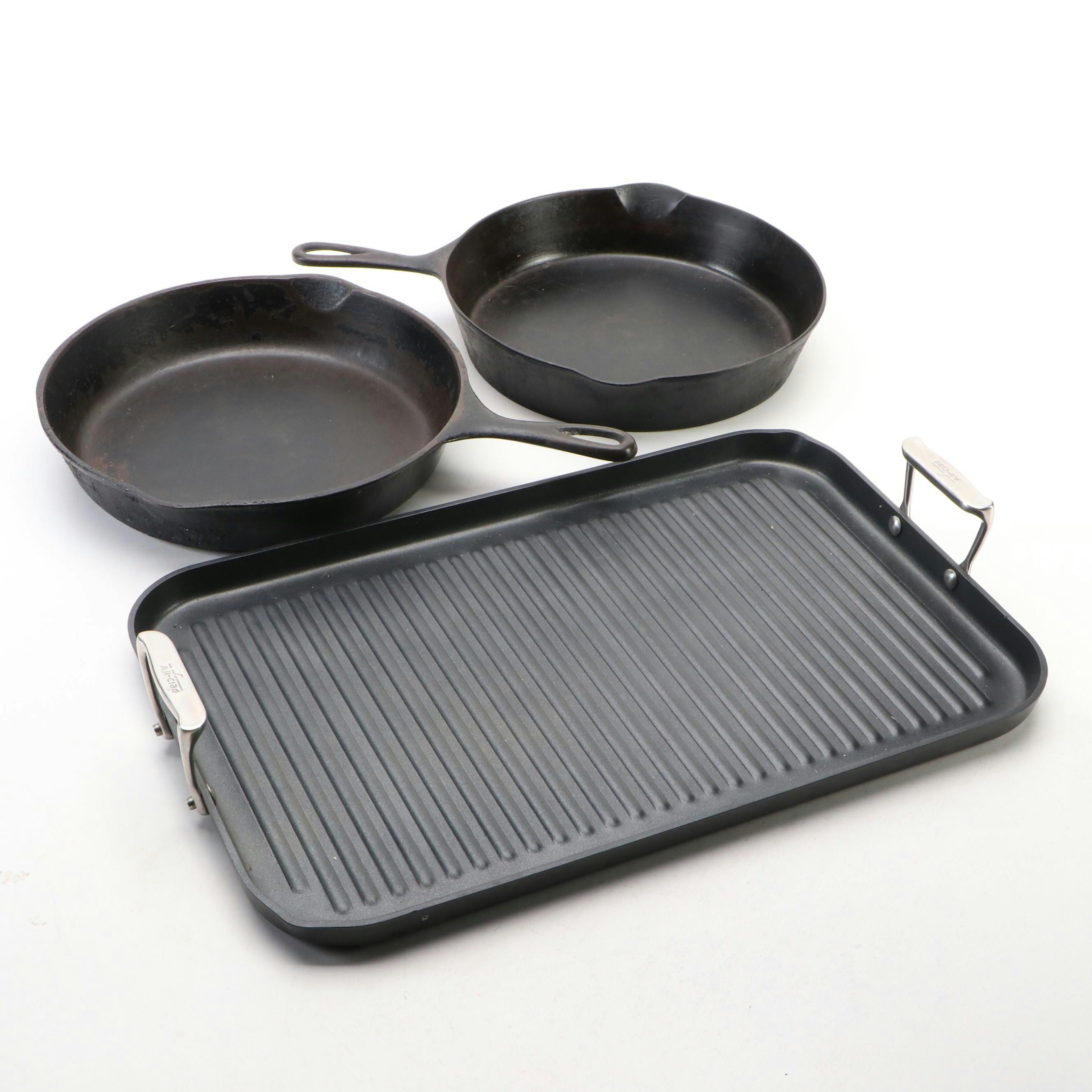 All-Clad Griddle with Wapak and Wagner Ware Sidney Cast Iron Skillets