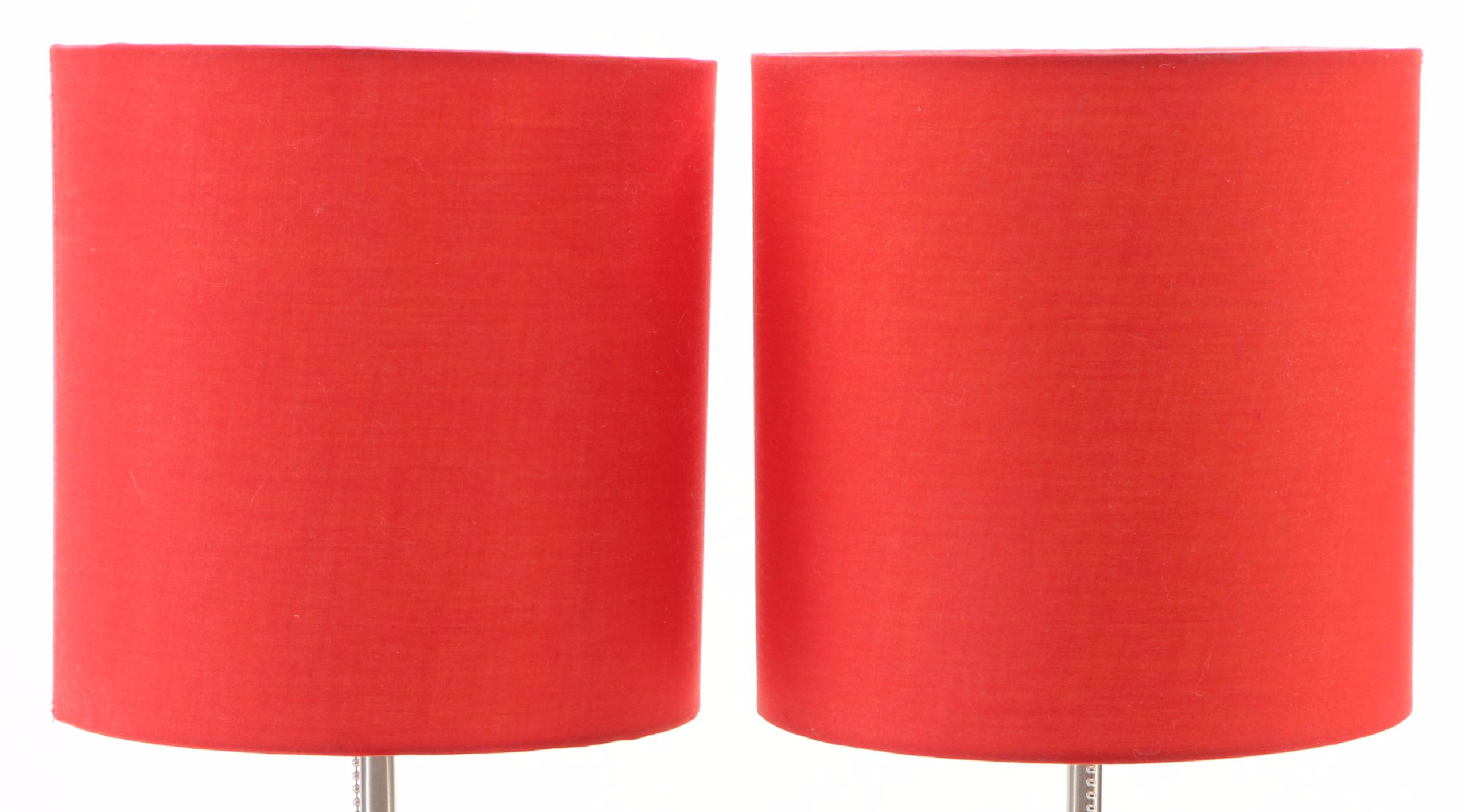 Arcadia Collection Brushed Nickel Bobbin Table Lamps with Red Drum Shades