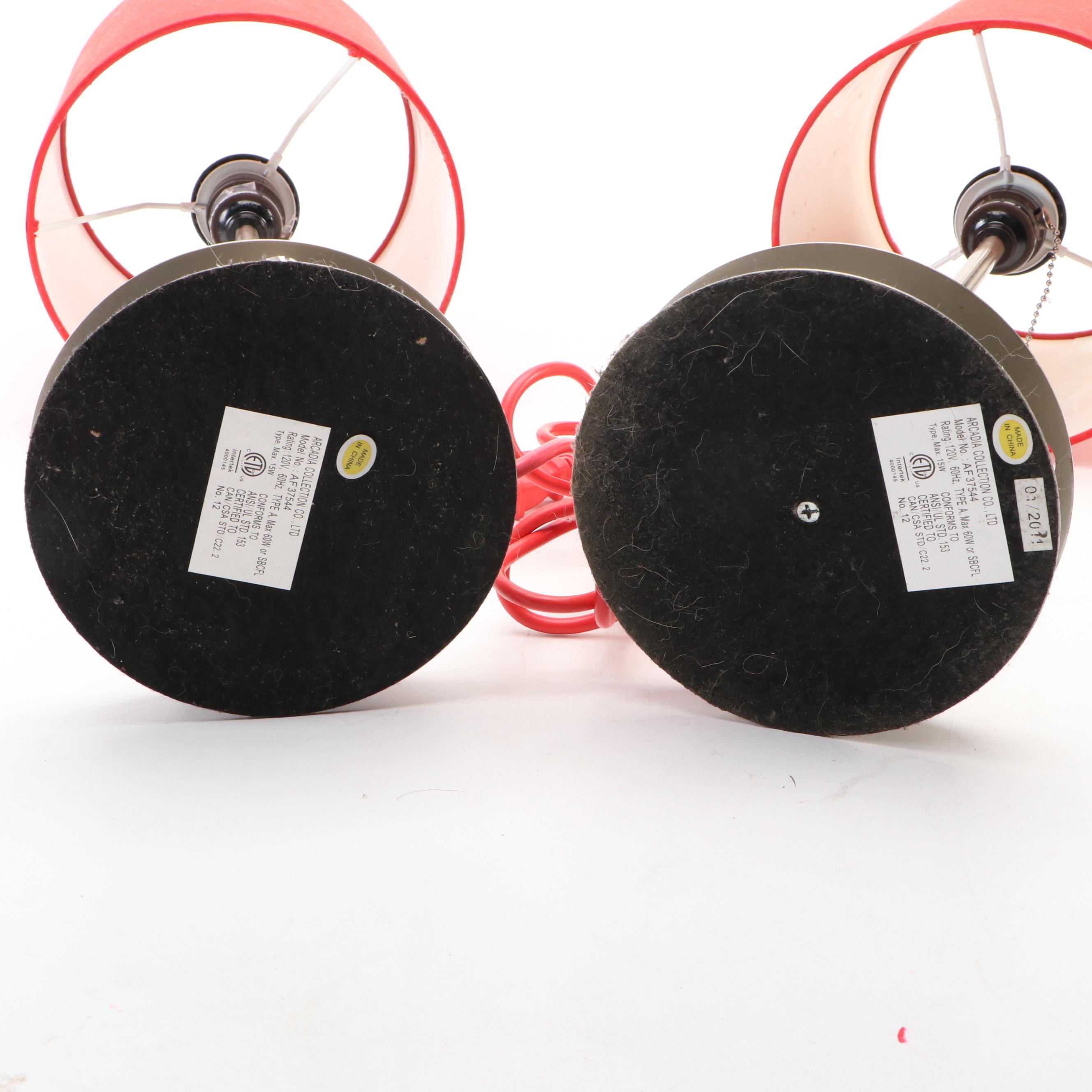 Arcadia Collection Brushed Nickel Bobbin Table Lamps with Red Drum Shades