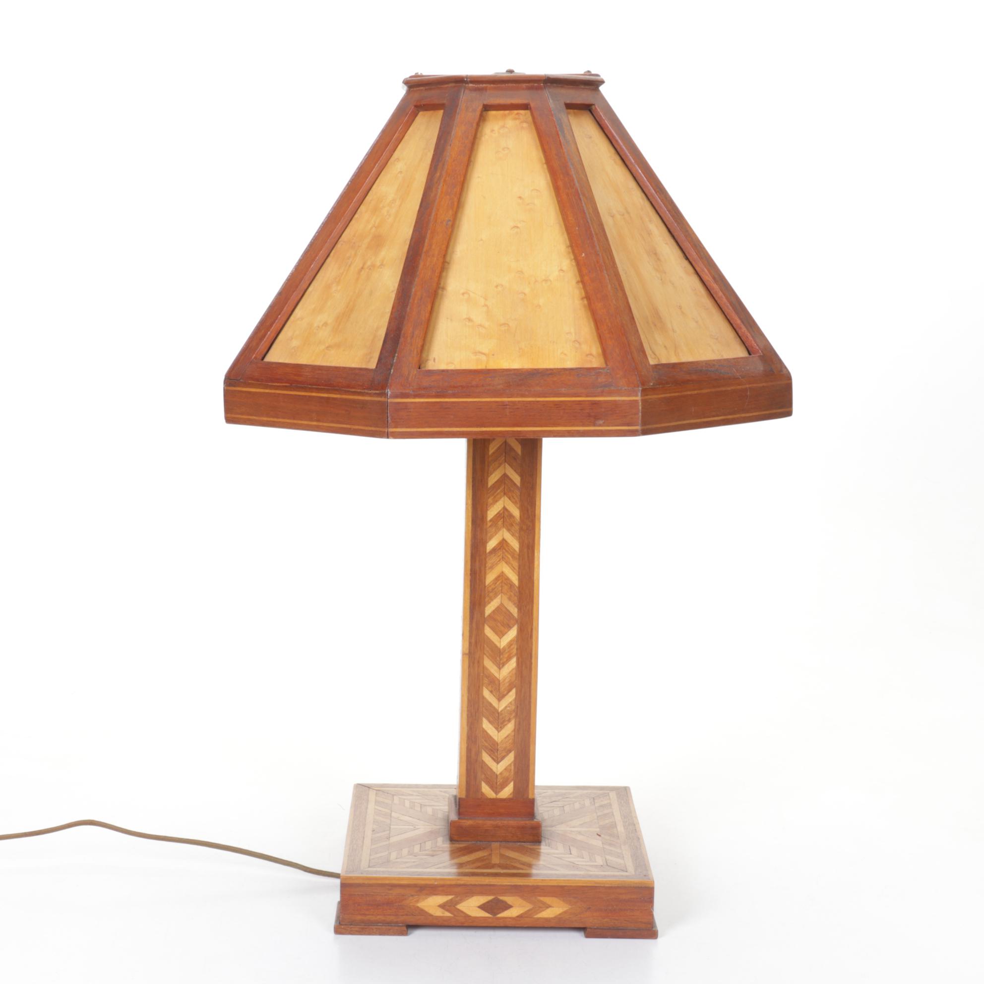 Craftsman Style Chevron Mixed Woods Parquetry Table Lamp, Vintage