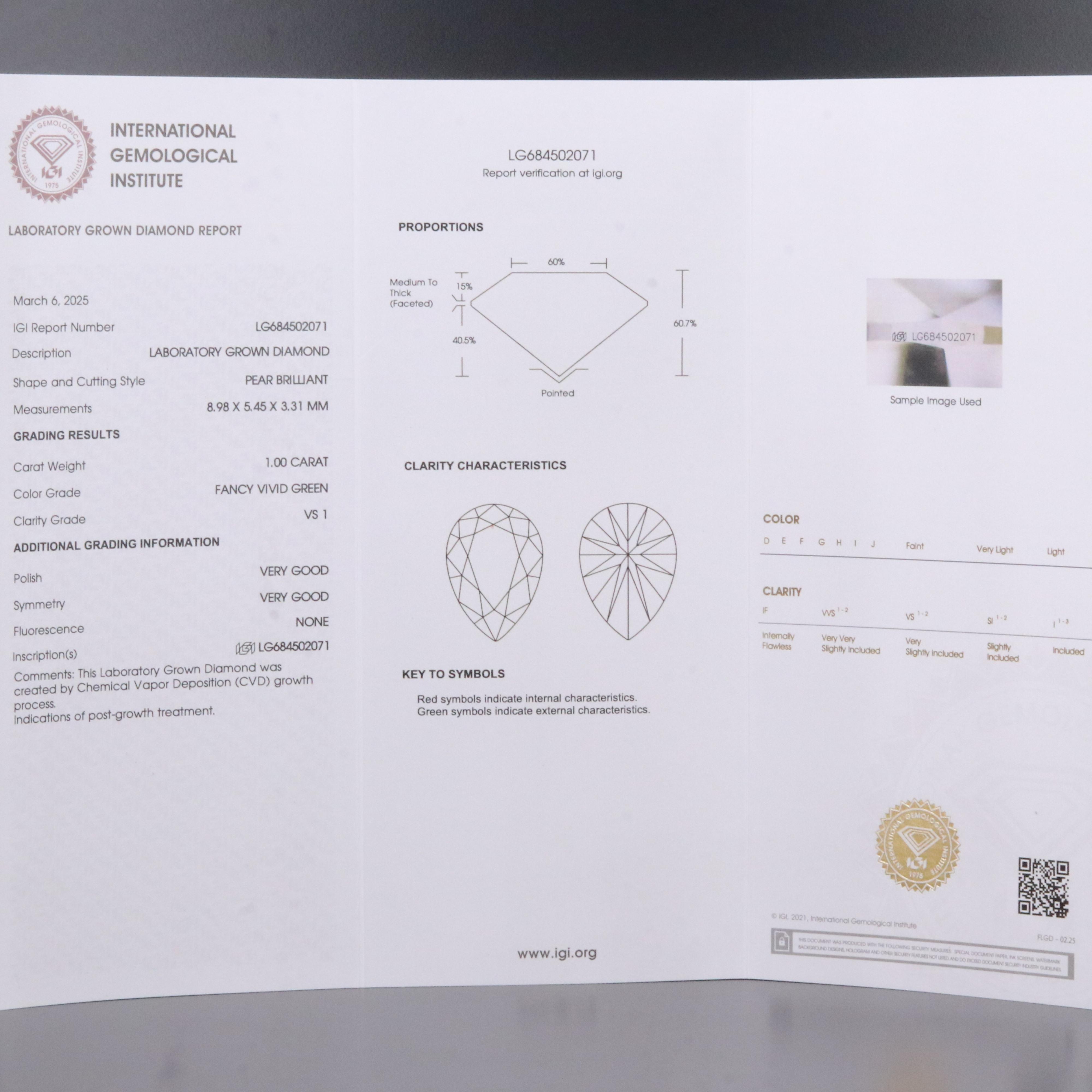 Loose 1.00 CT Lab Grown Fancy Green Diamond with IGI Report