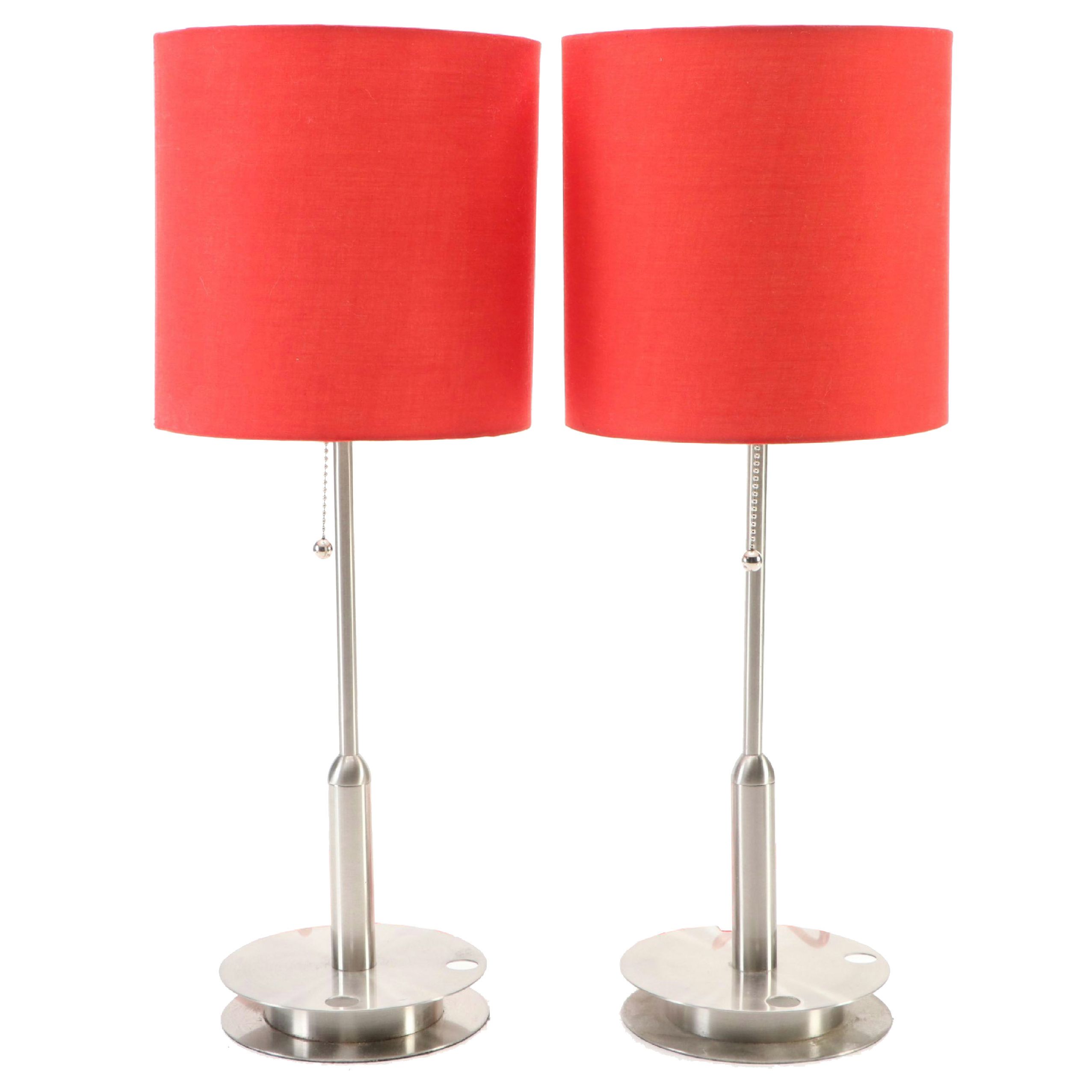 Arcadia Collection Brushed Nickel Bobbin Table Lamps with Red Drum Shades