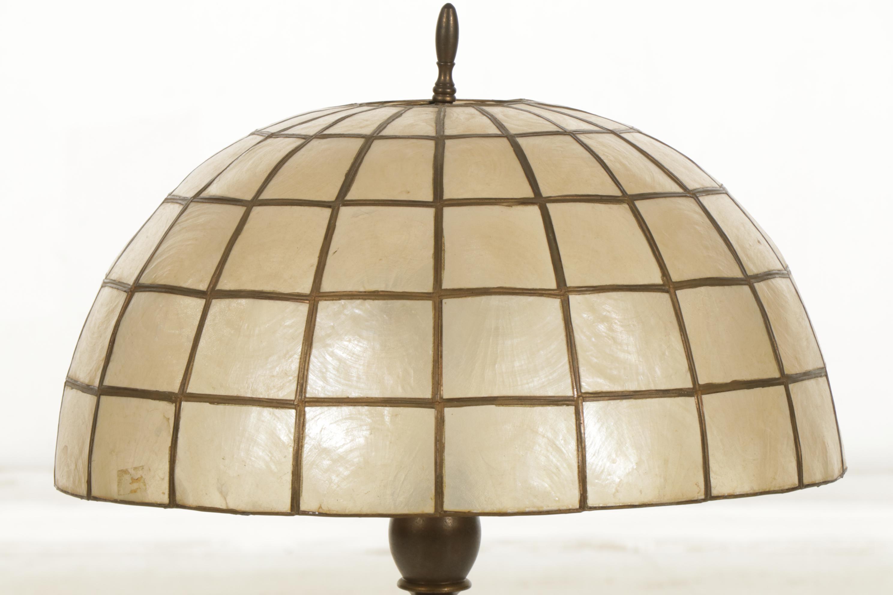 Bronzed Metal Table Lamp with Capiz Shell Shade, Mid-20th Century