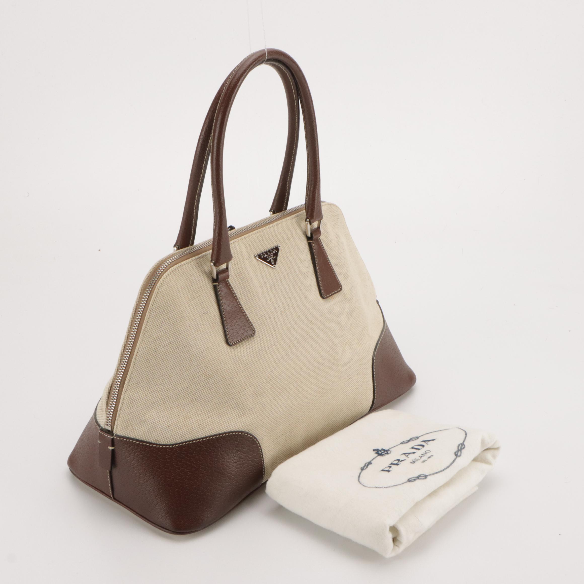 Prada Dome Bowler Bag in Neutral Canvas with Brown Cinghiale Leather Trim