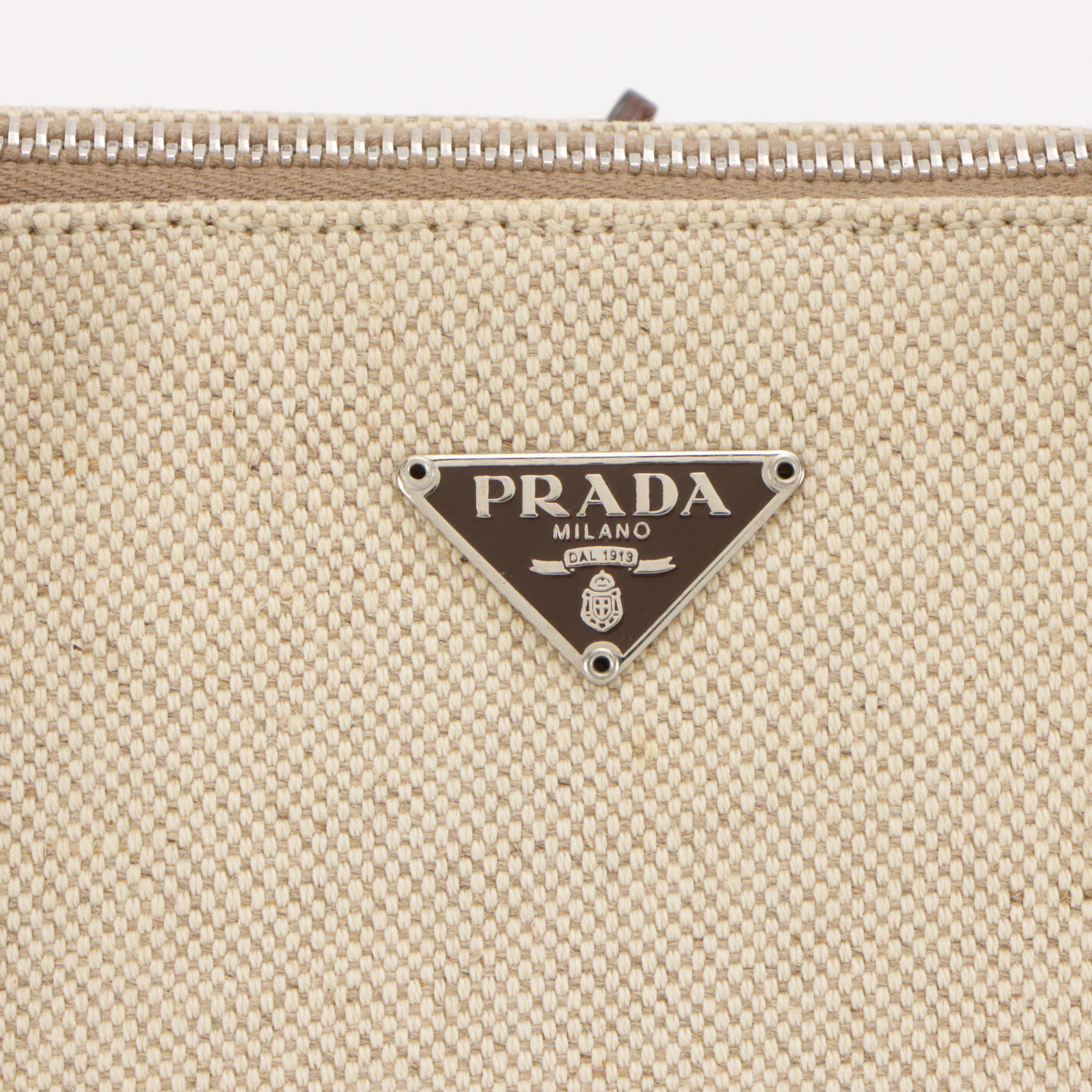 Prada Dome Bowler Bag in Neutral Canvas with Brown Cinghiale Leather Trim