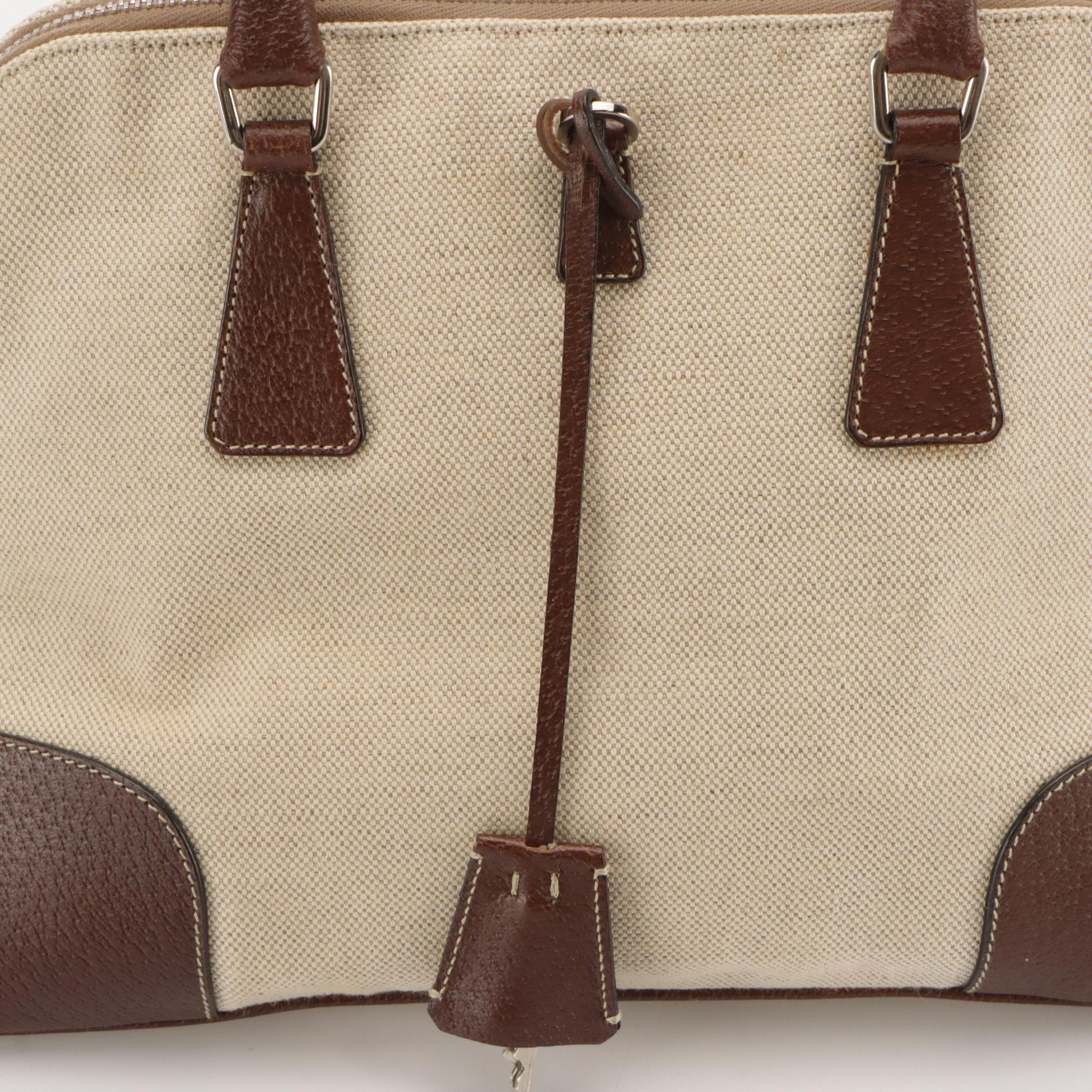Prada Dome Bowler Bag in Neutral Canvas with Brown Cinghiale Leather Trim