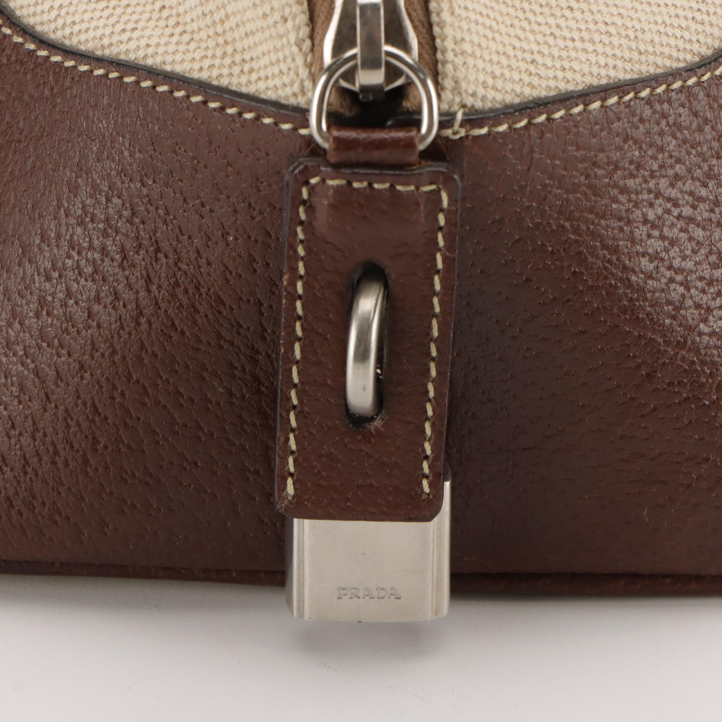 Prada Dome Bowler Bag in Neutral Canvas with Brown Cinghiale Leather Trim