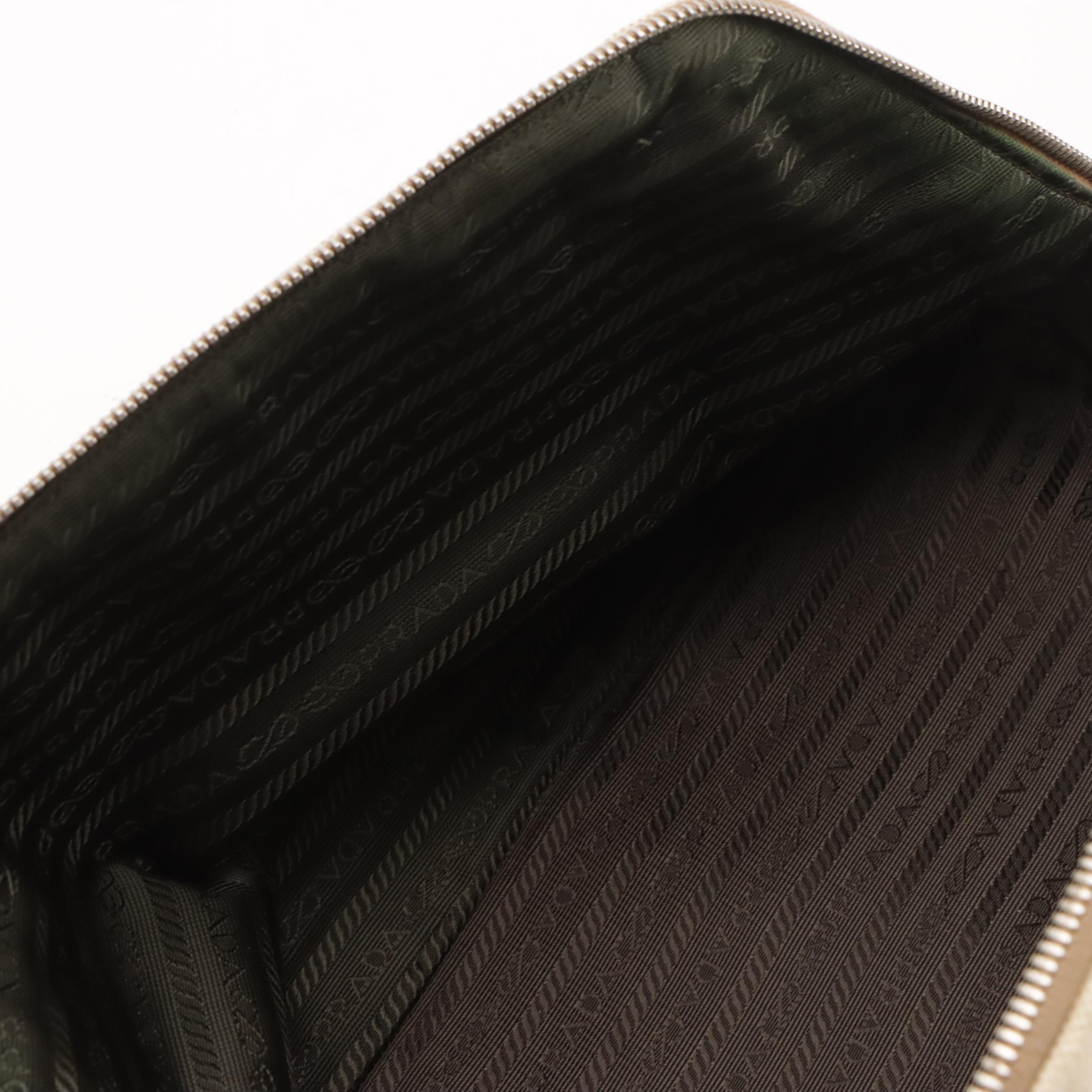 Prada Dome Bowler Bag in Neutral Canvas with Brown Cinghiale Leather Trim