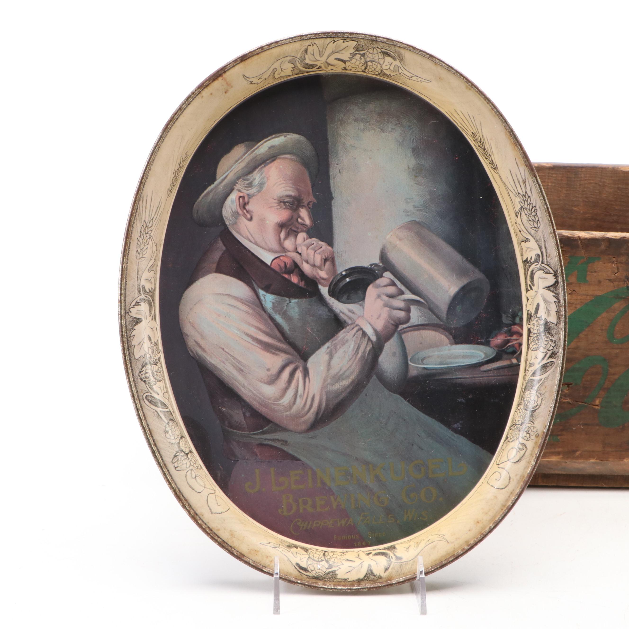 Coca-Cola Bottle Wood Crate, 7-Up Fan and J. Leinenkugel Brewing Co. Metal Tray