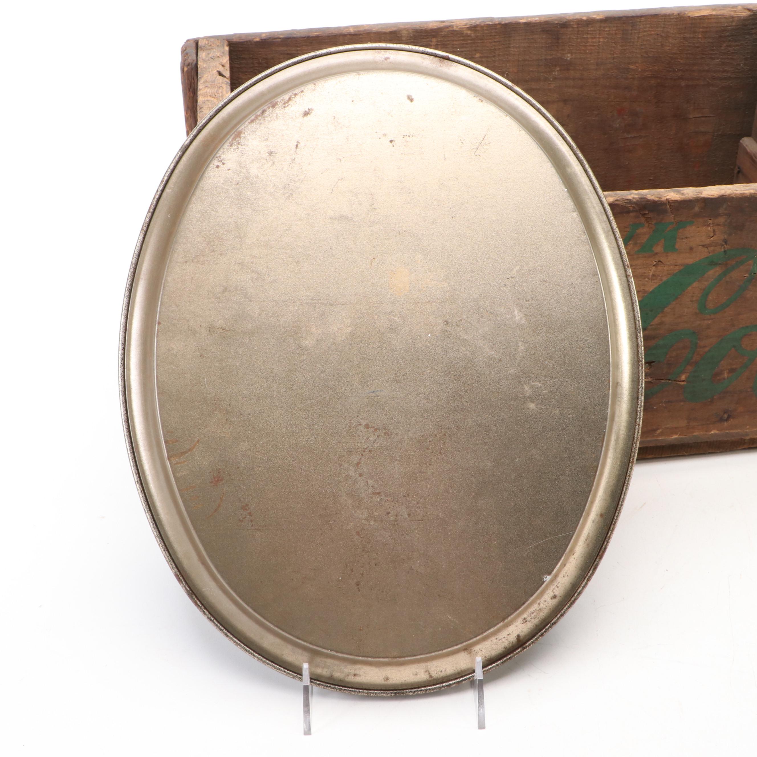 Coca-Cola Bottle Wood Crate, 7-Up Fan and J. Leinenkugel Brewing Co. Metal Tray