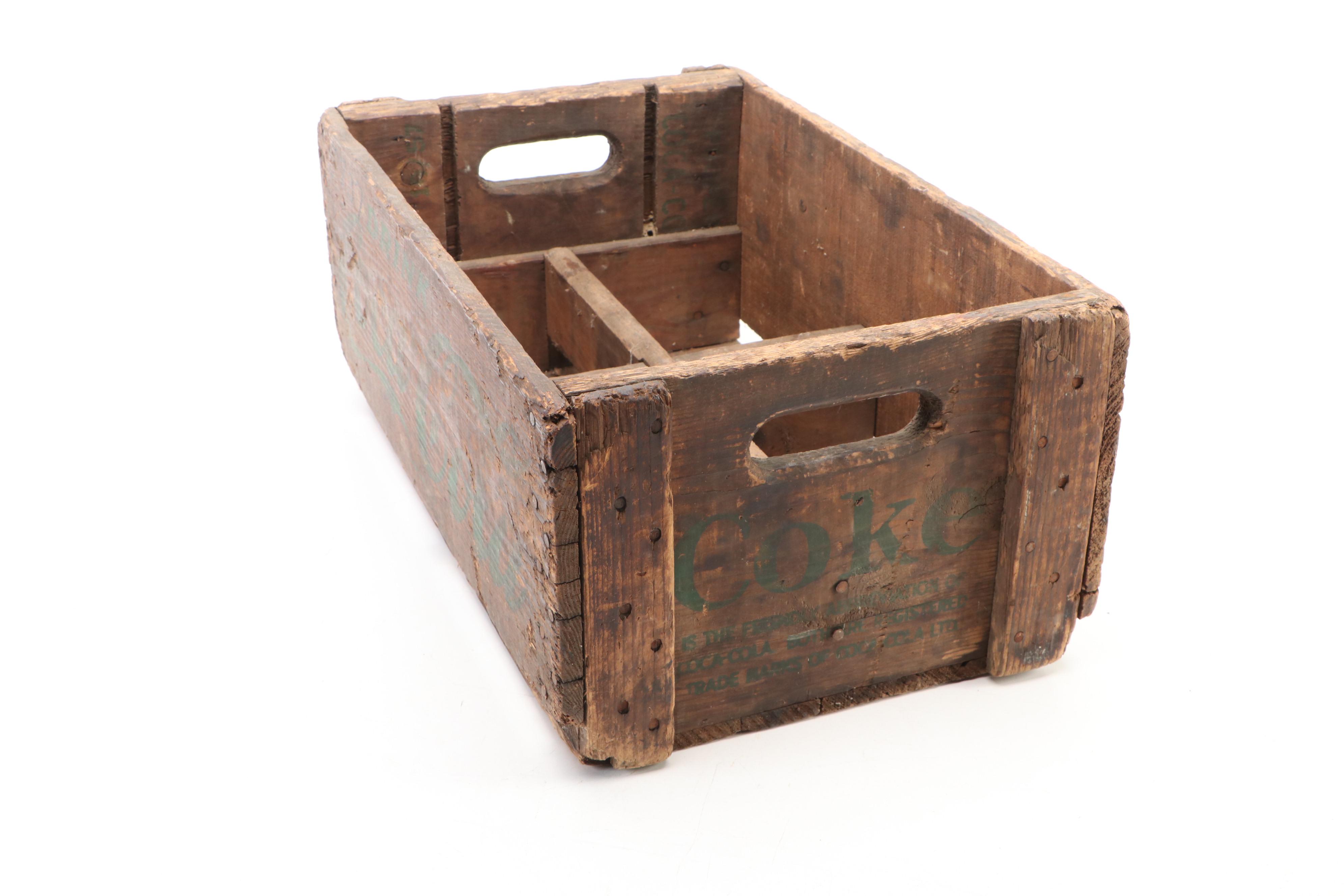 Coca-Cola Bottle Wood Crate, 7-Up Fan and J. Leinenkugel Brewing Co. Metal Tray