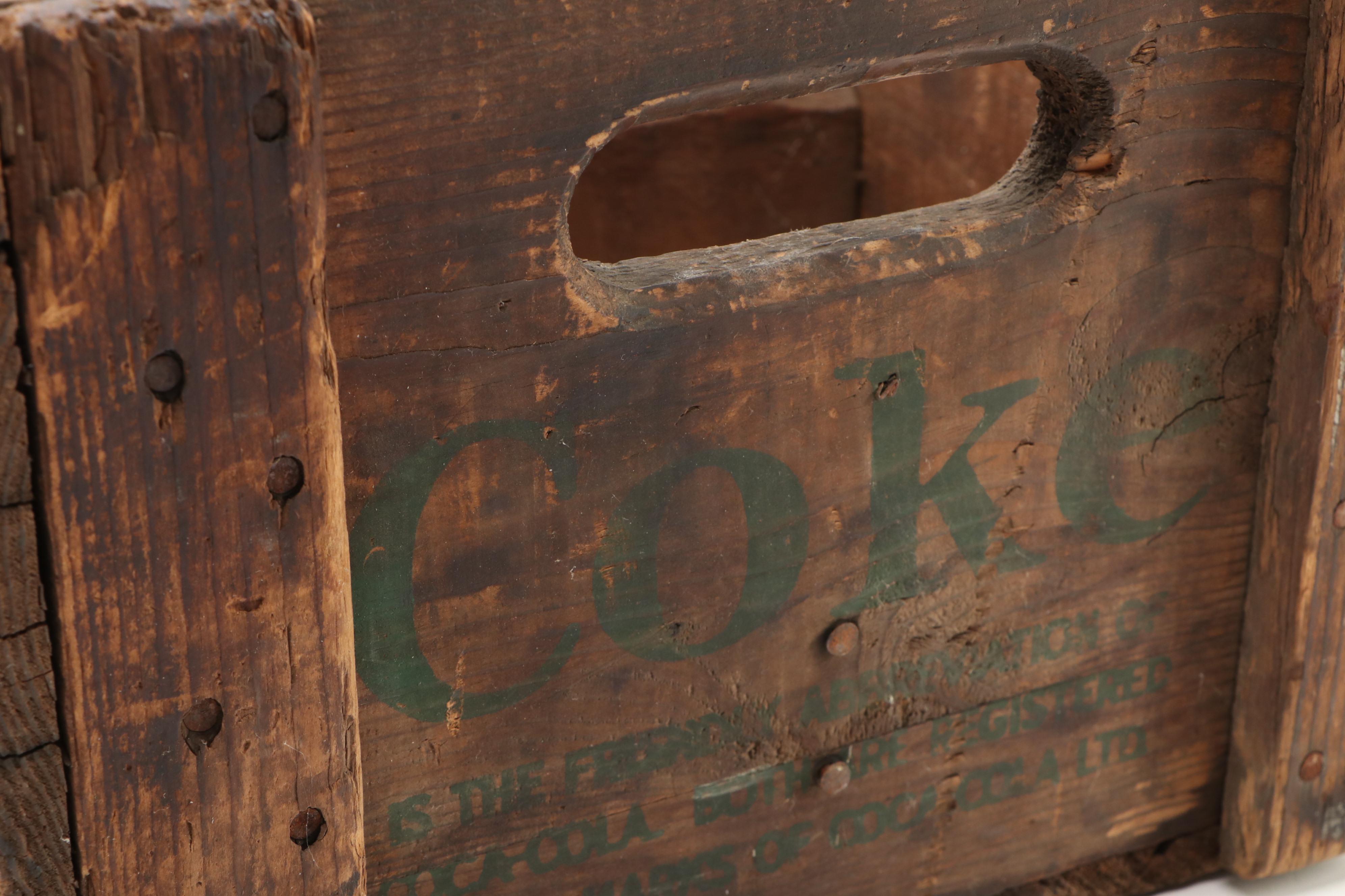 Coca-Cola Bottle Wood Crate, 7-Up Fan and J. Leinenkugel Brewing Co. Metal Tray
