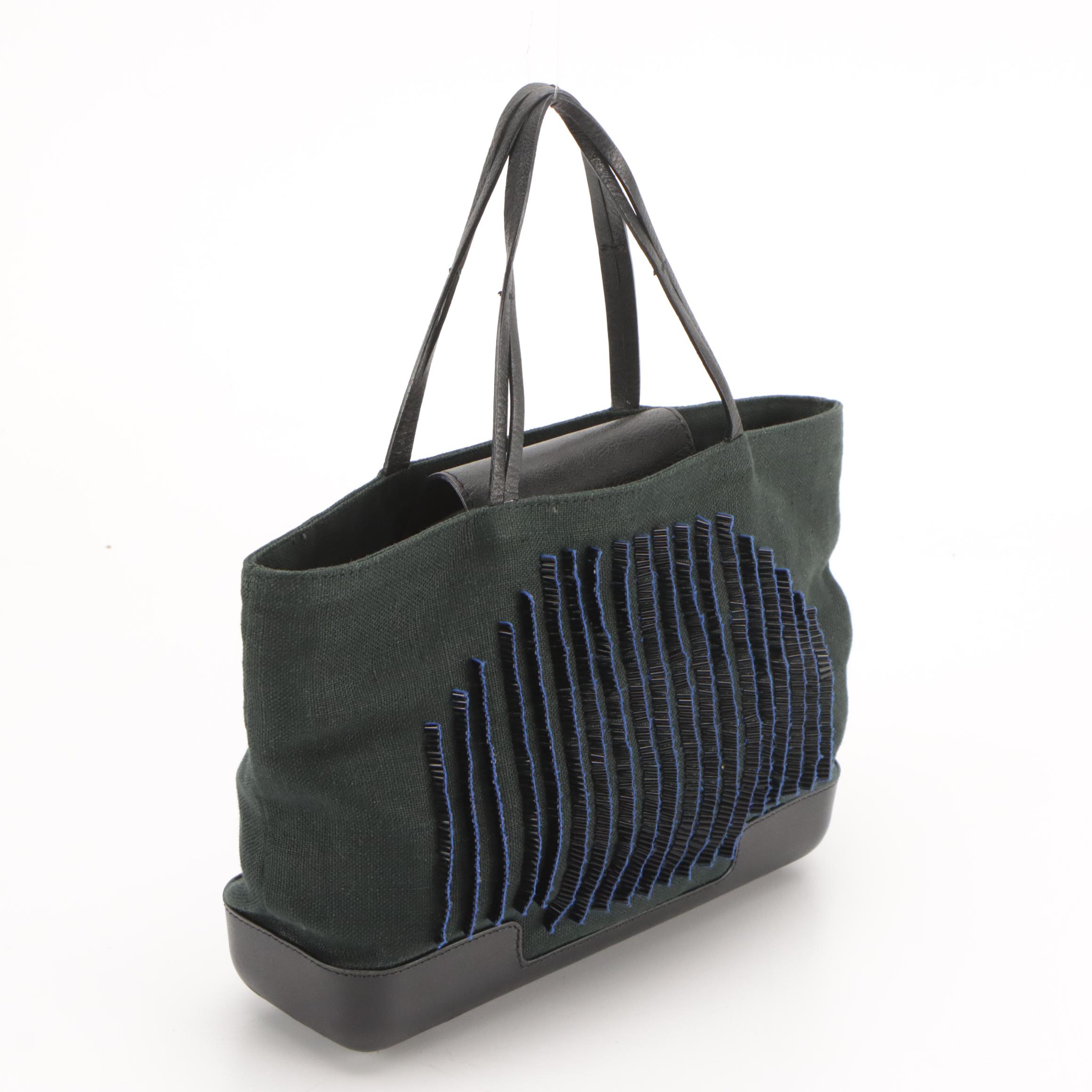 Bottega Veneta Bead Embellished Mini Tote in Dark Green Linen and Black Leather