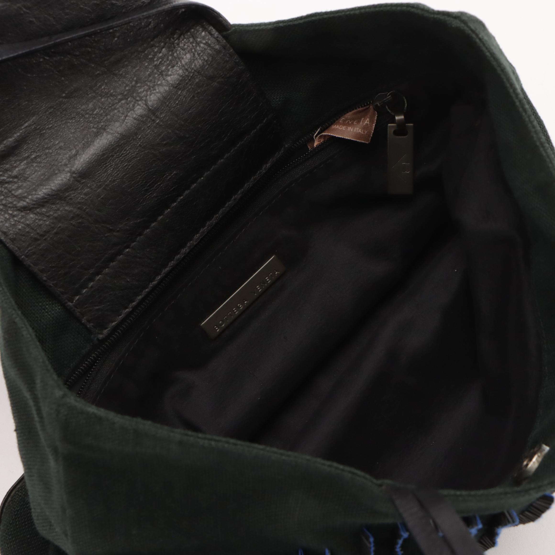 Bottega Veneta Bead Embellished Mini Tote in Dark Green Linen and Black Leather