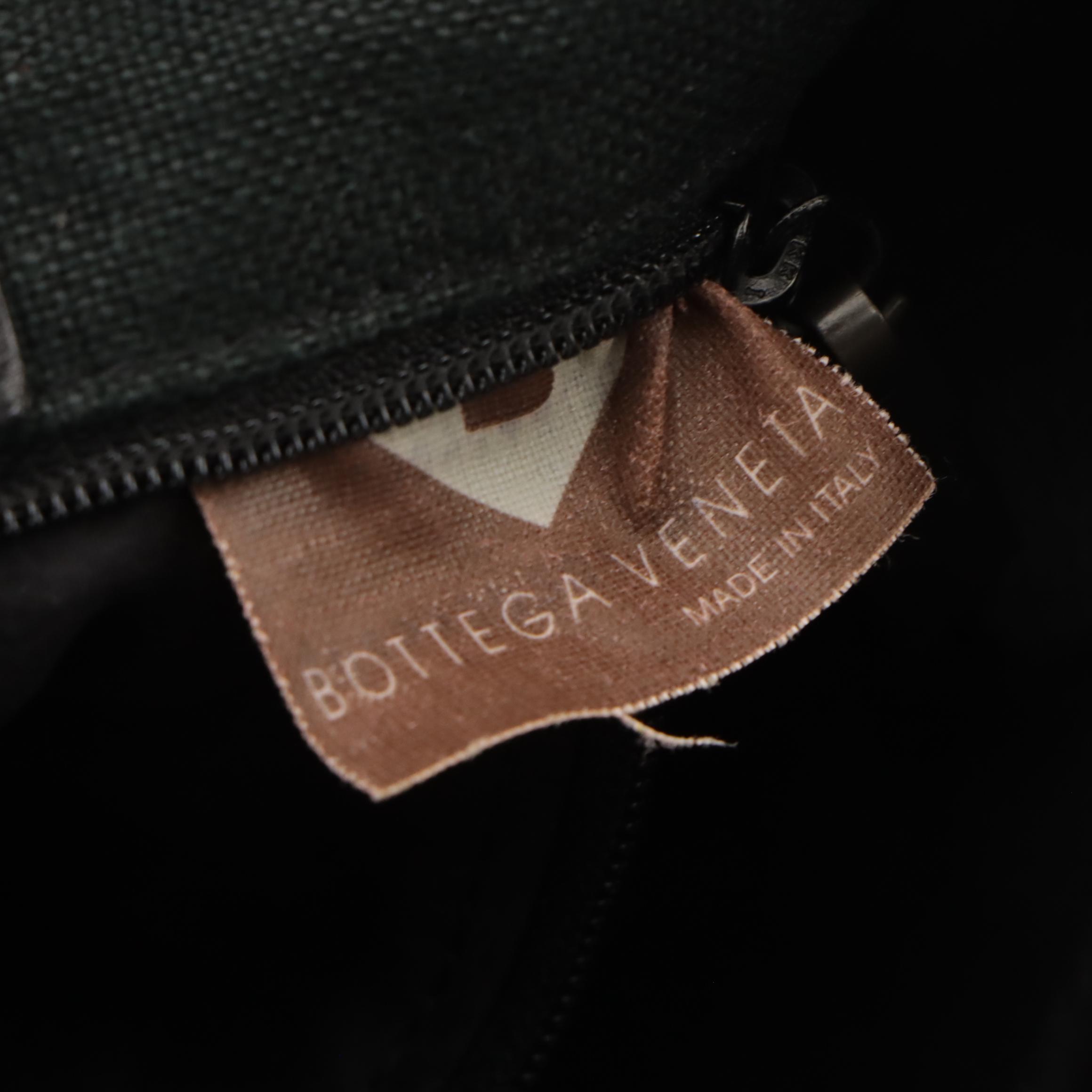 Bottega Veneta Bead Embellished Mini Tote in Dark Green Linen and Black Leather