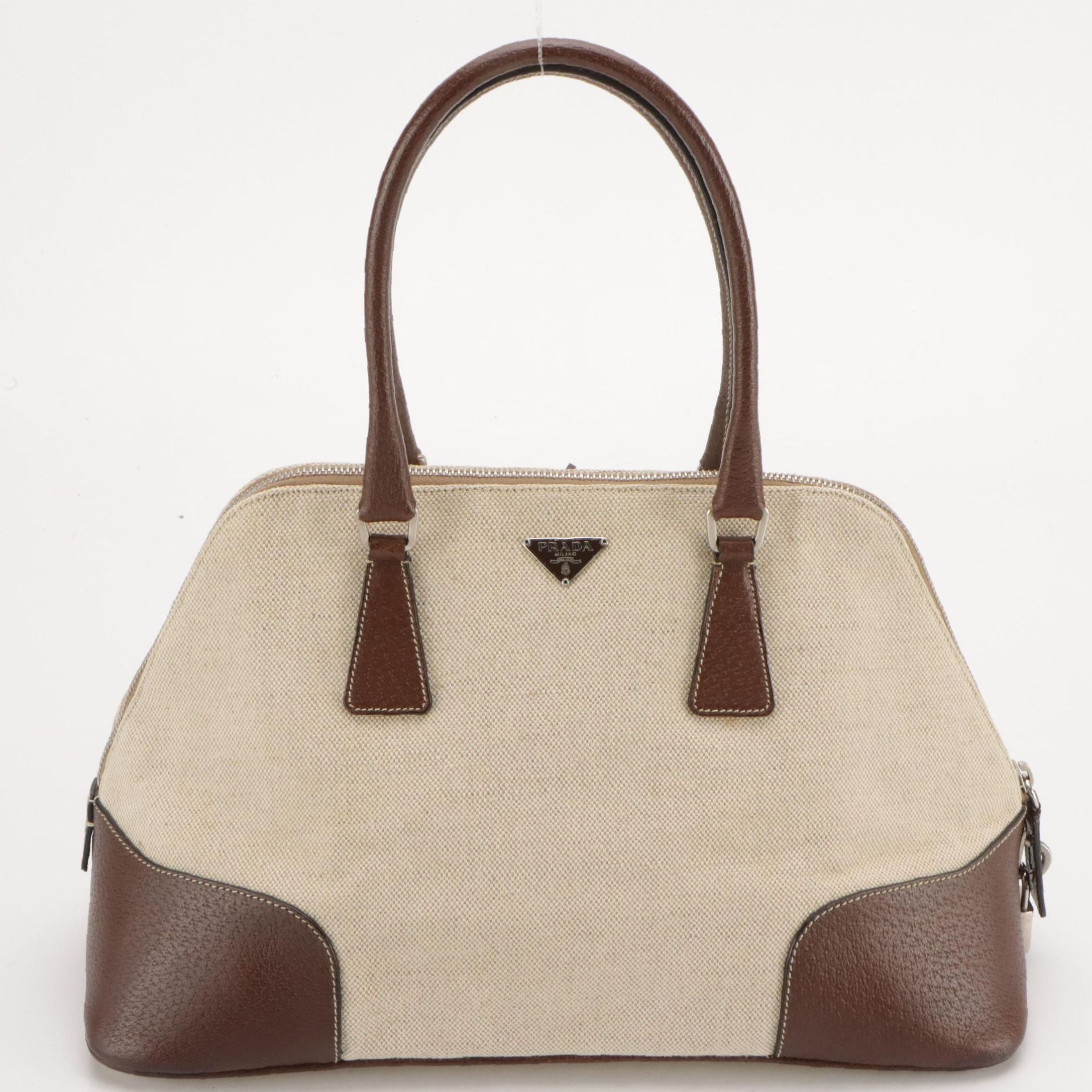 Prada Dome Bowler Bag in Neutral Canvas with Brown Cinghiale Leather Trim
