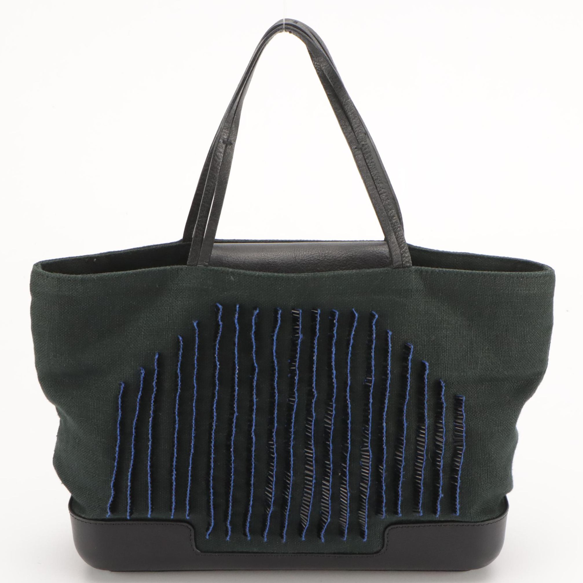 Bottega Veneta Bead Embellished Mini Tote in Dark Green Linen and Black Leather