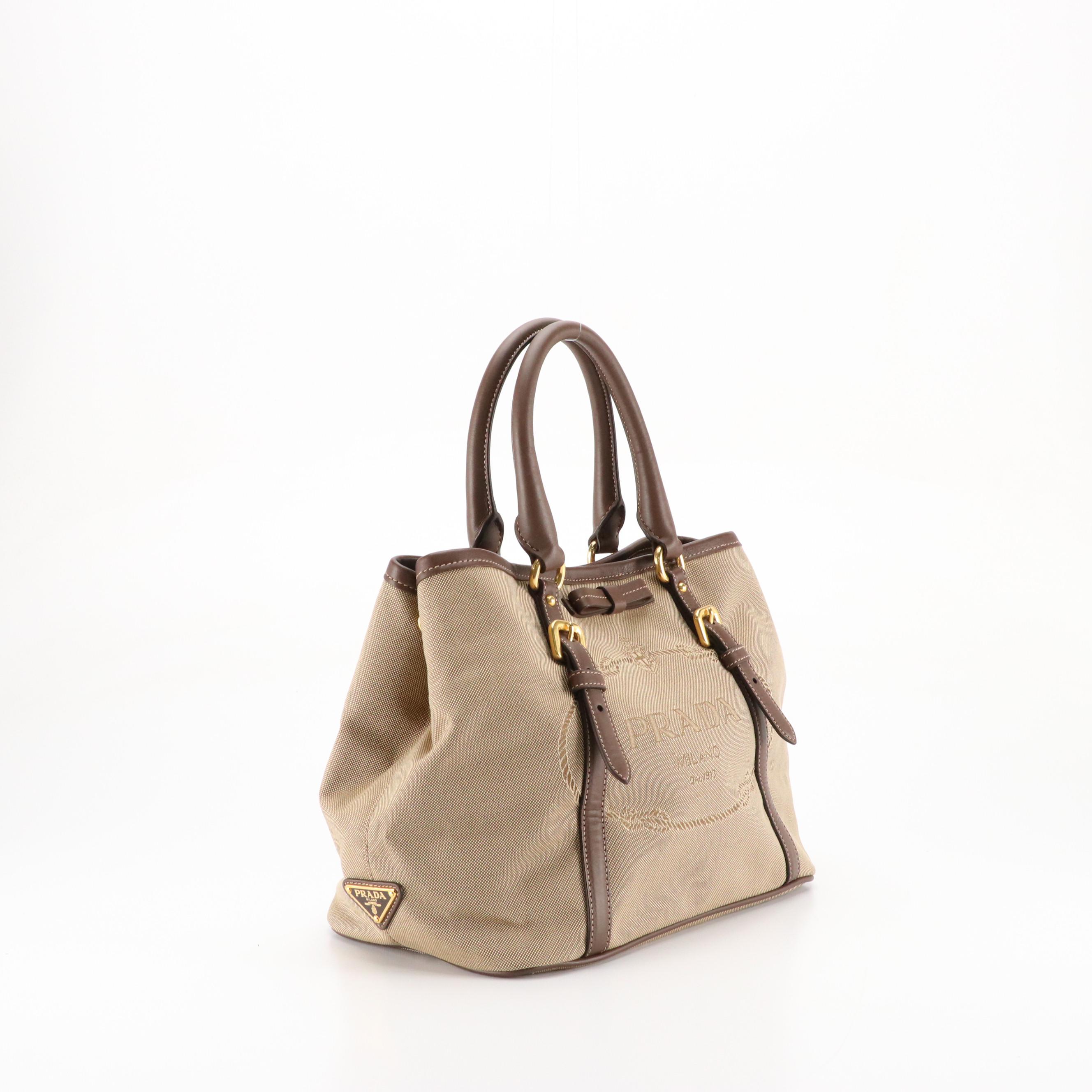 Prada Two-Way Tote in Brown Logo Jacquard and Brown Leather Trim