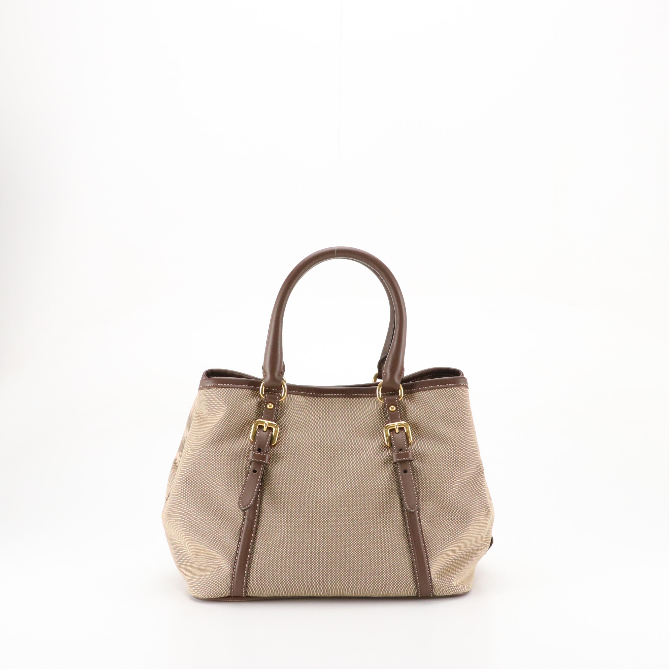 Prada Two-Way Tote in Brown Logo Jacquard and Brown Leather Trim