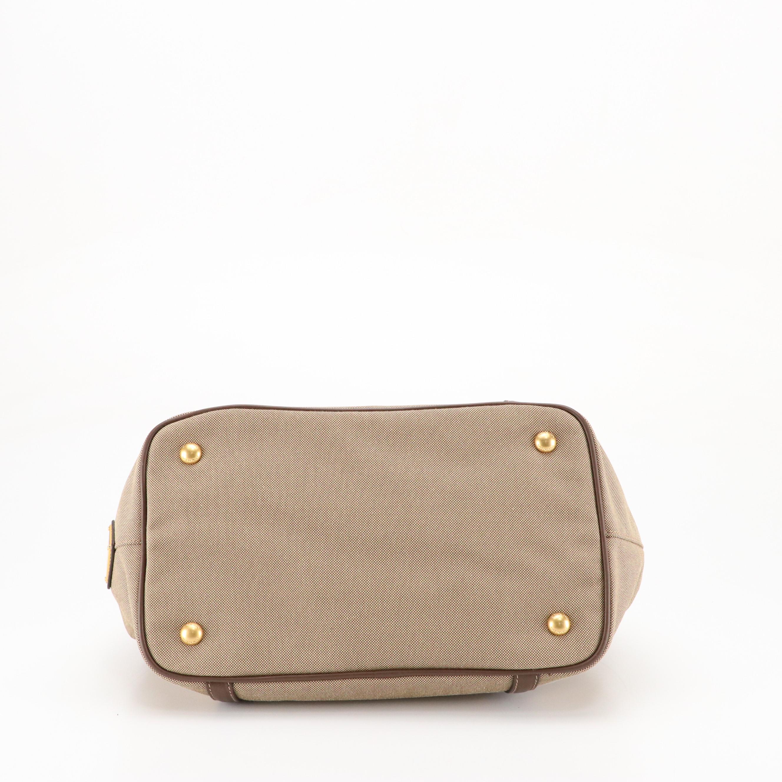 Prada Two-Way Tote in Brown Logo Jacquard and Brown Leather Trim