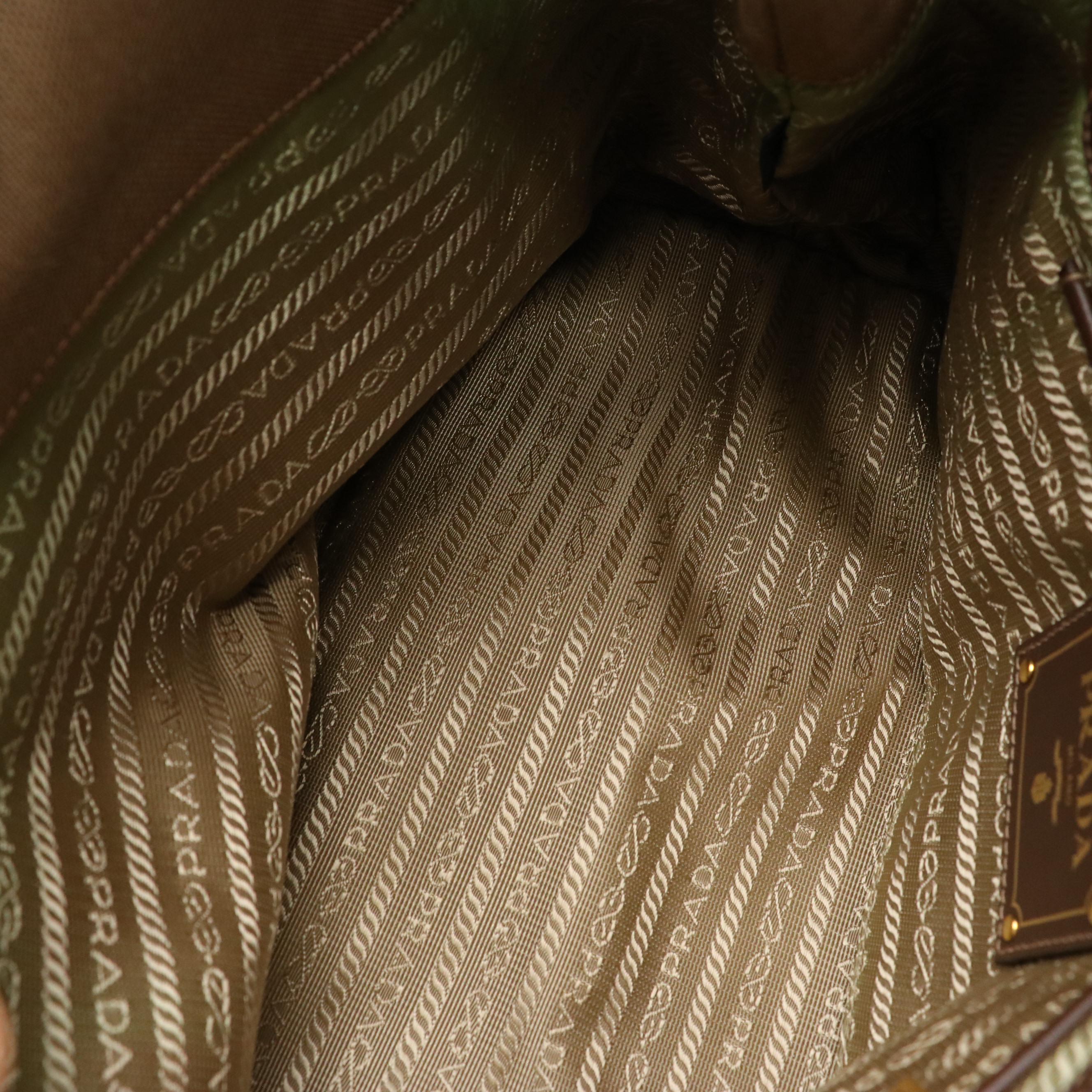 Prada Two-Way Tote in Brown Logo Jacquard and Brown Leather Trim