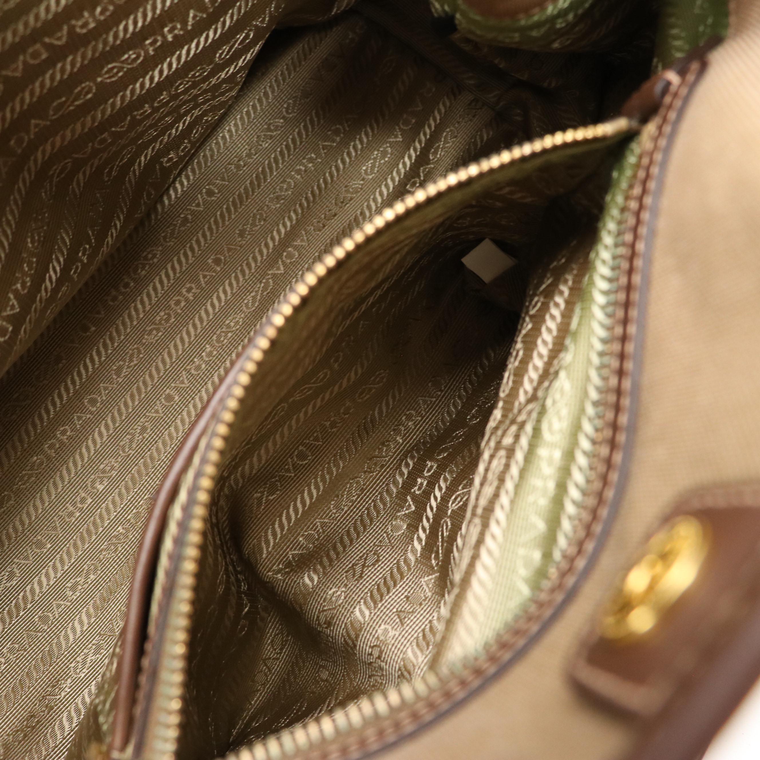 Prada Two-Way Tote in Brown Logo Jacquard and Brown Leather Trim