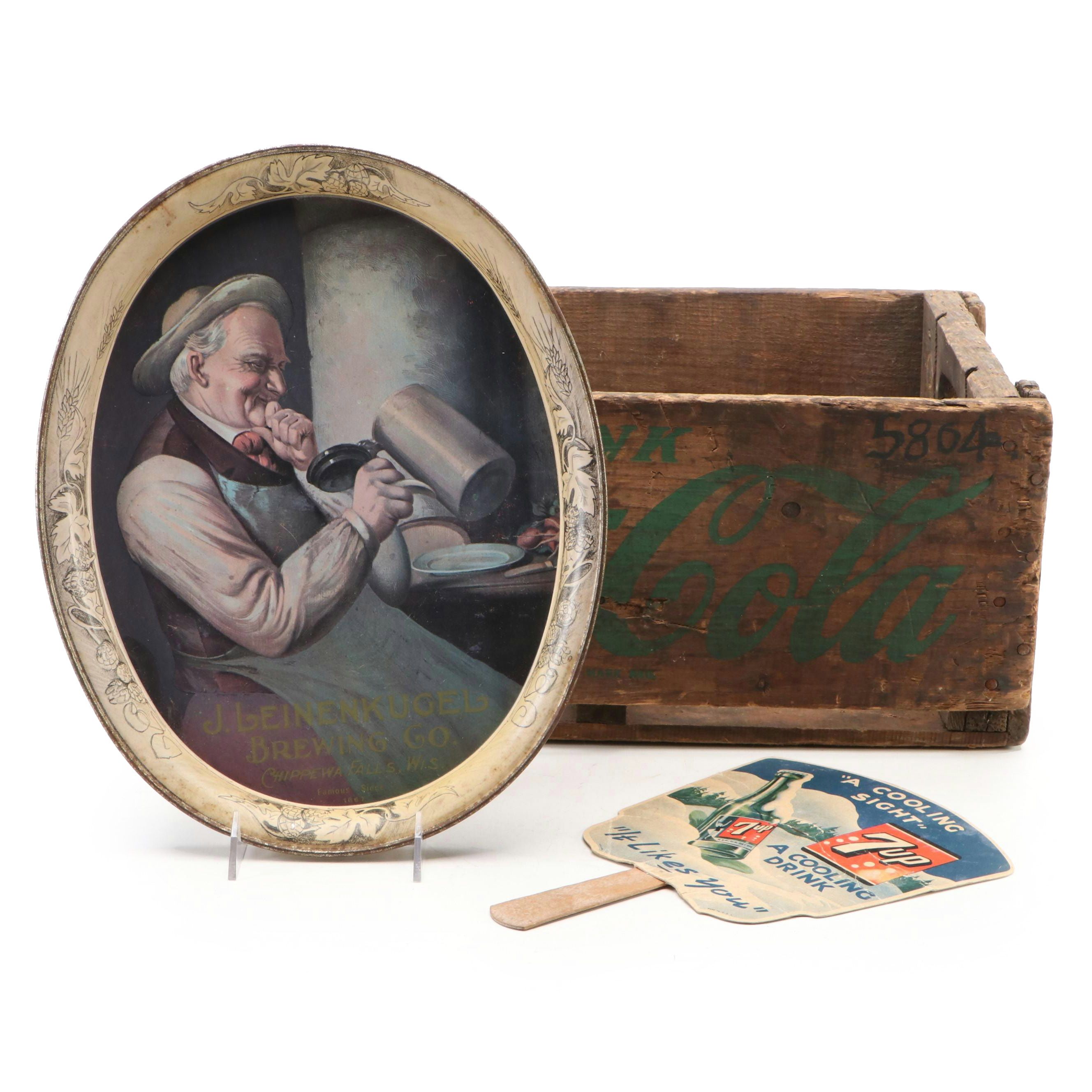 Coca-Cola Bottle Wood Crate, 7-Up Fan and J. Leinenkugel Brewing Co. Metal Tray