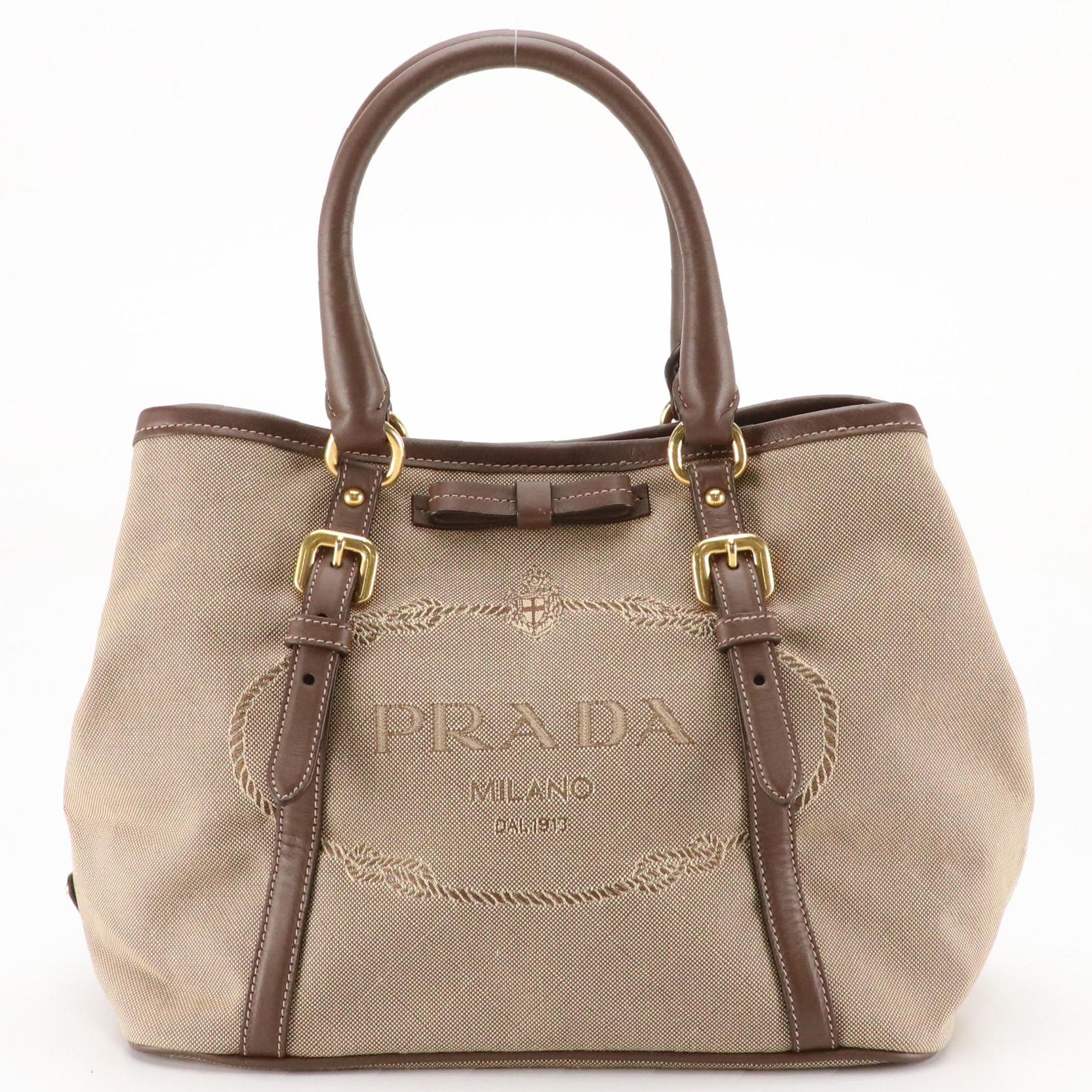 Prada Two-Way Tote in Brown Logo Jacquard and Brown Leather Trim