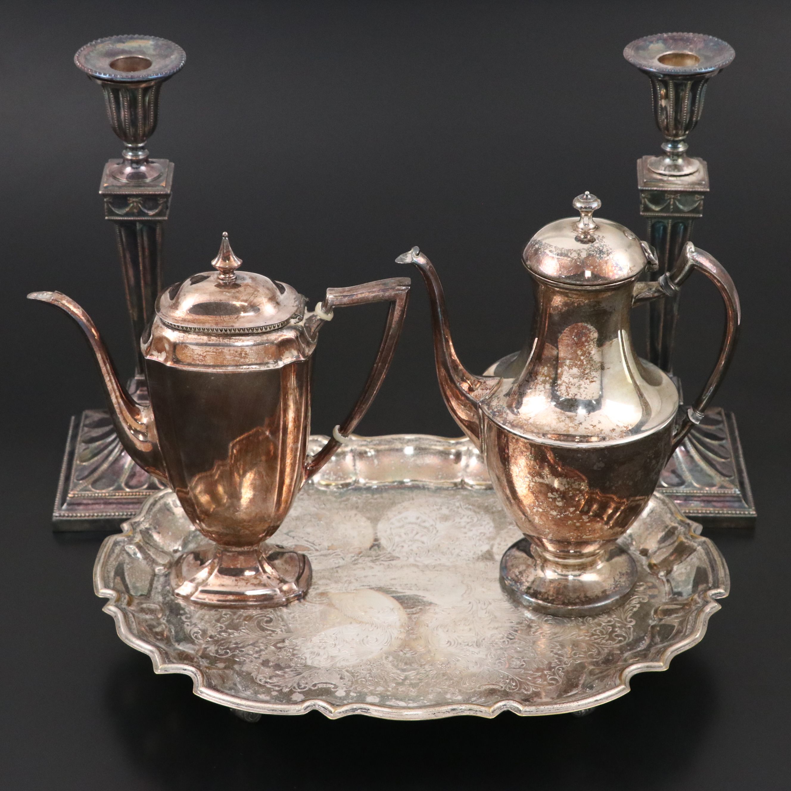 Crescent Silver Plate Teapot with Other Table and Serving Accessories