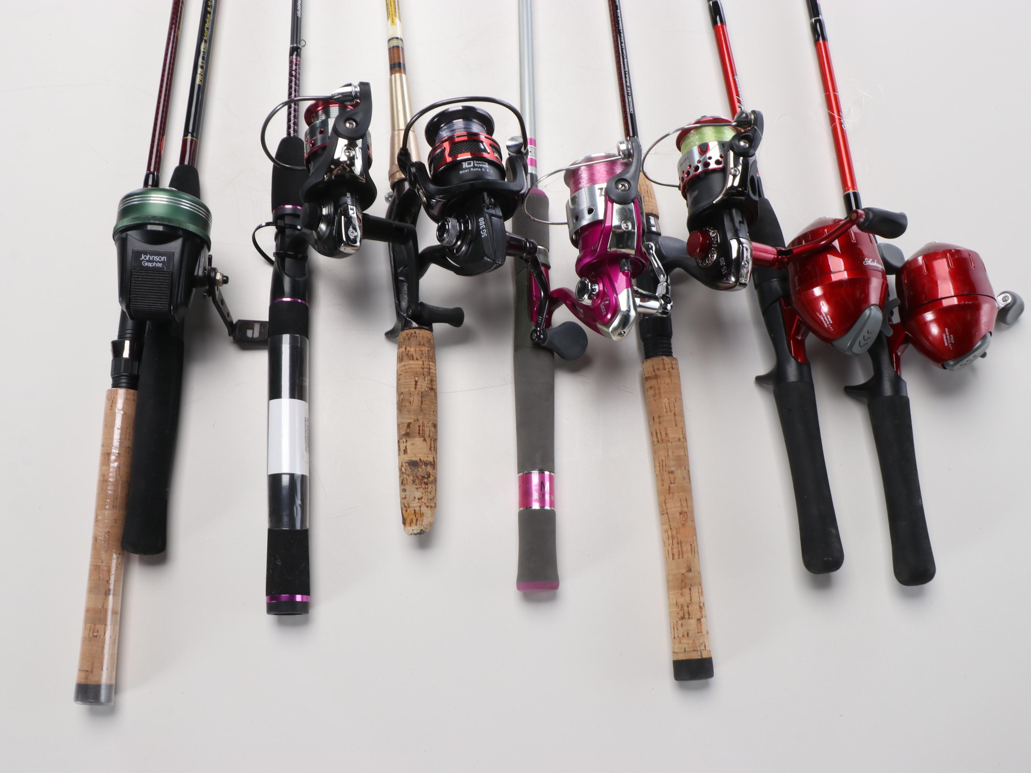 Fishing Rod and Reel Collection Featuring Johnson Century 225 and Ugly Stik GX2