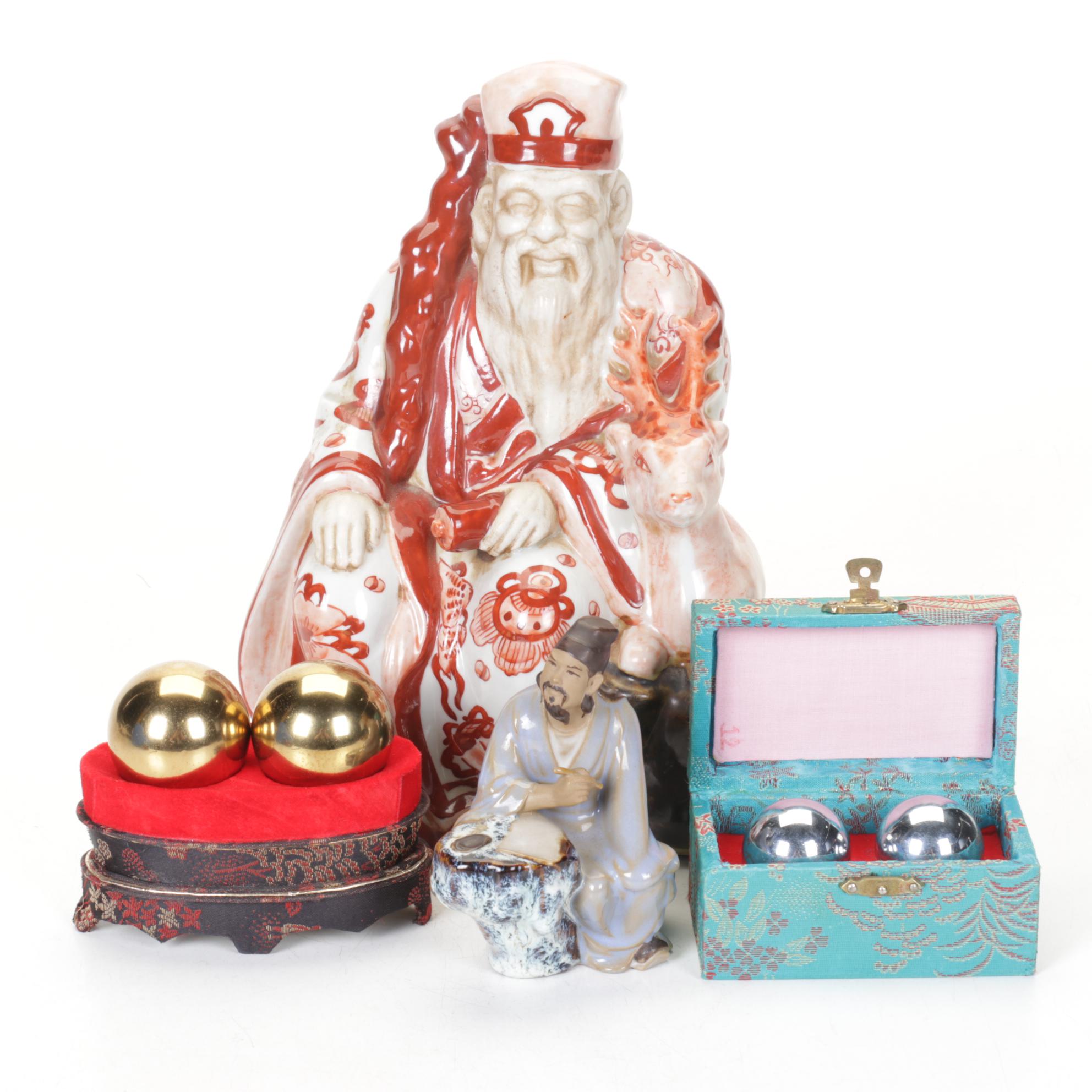 Shou Sanxing Deity & Shiwan Figurine with Chinese Baoding Balls