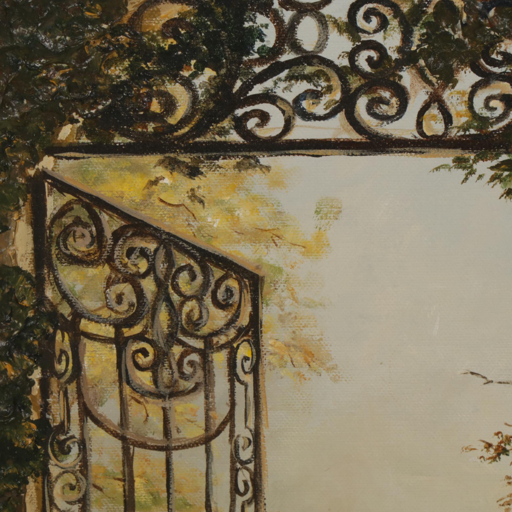 Landscape Oil Painting of a Scrollwork Garden Gate