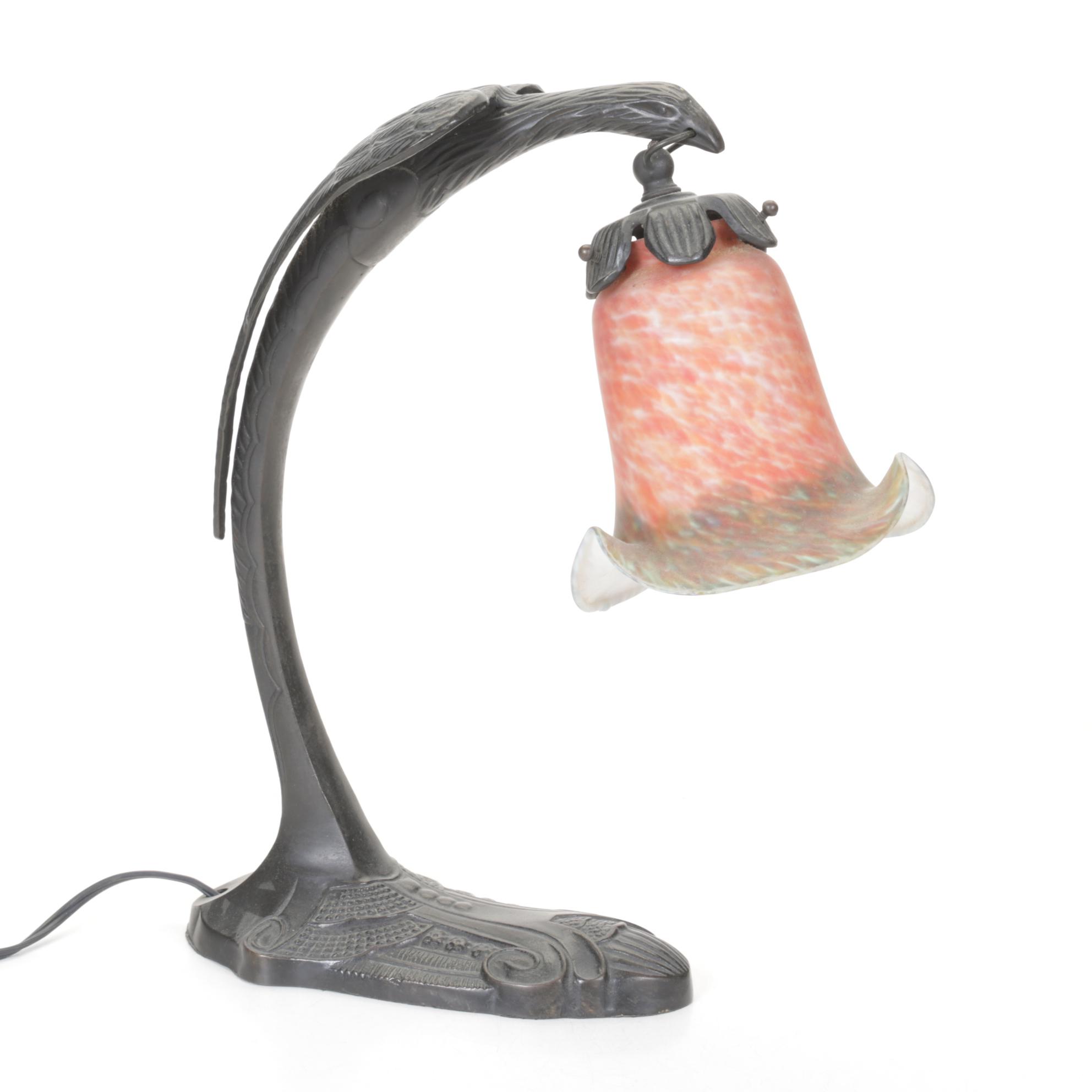 Charles Ranc Style Art Deco Eagle Lamp with Mottled Glass Trumpet Shade
