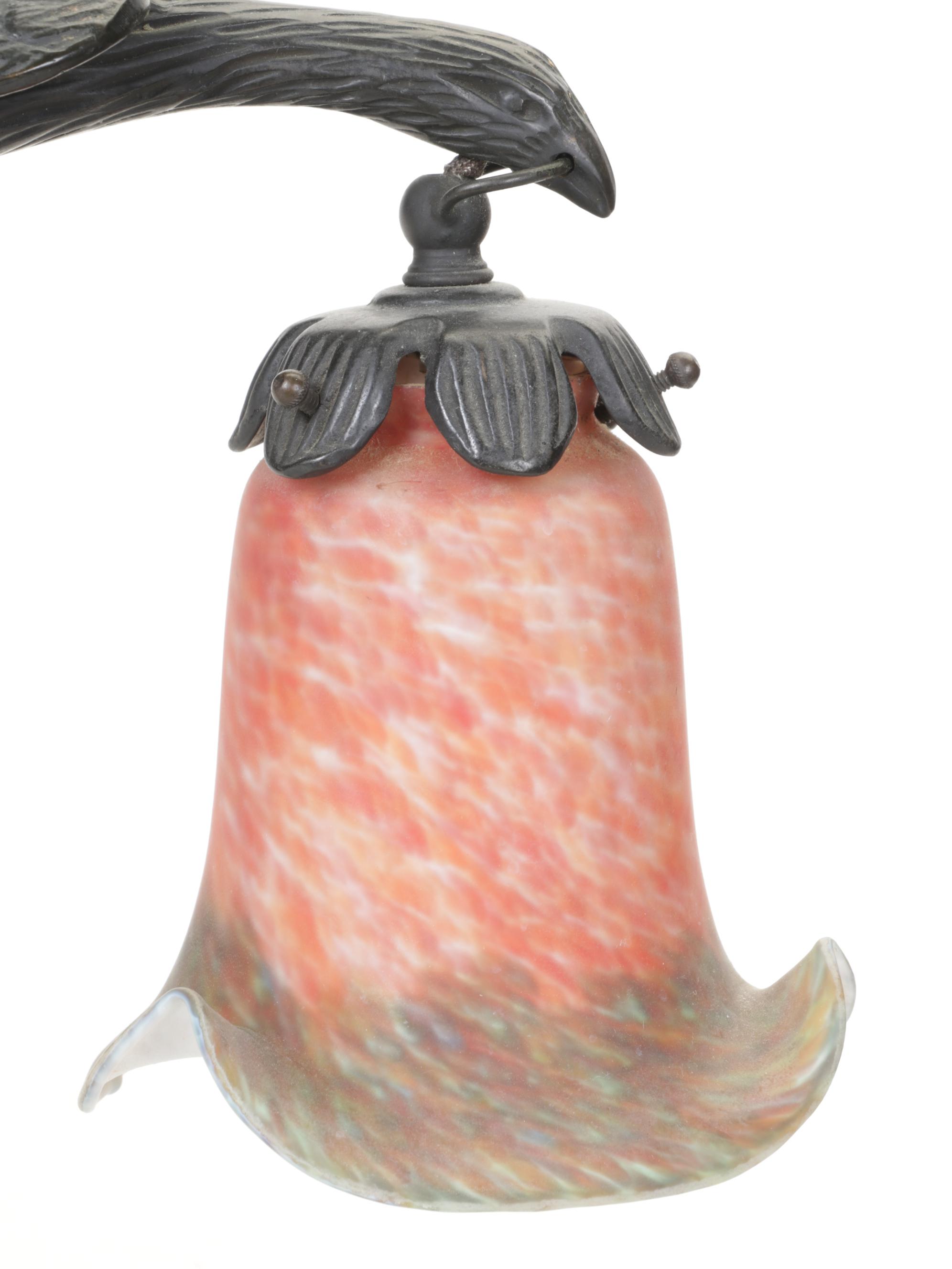 Charles Ranc Style Art Deco Eagle Lamp with Mottled Glass Trumpet Shade