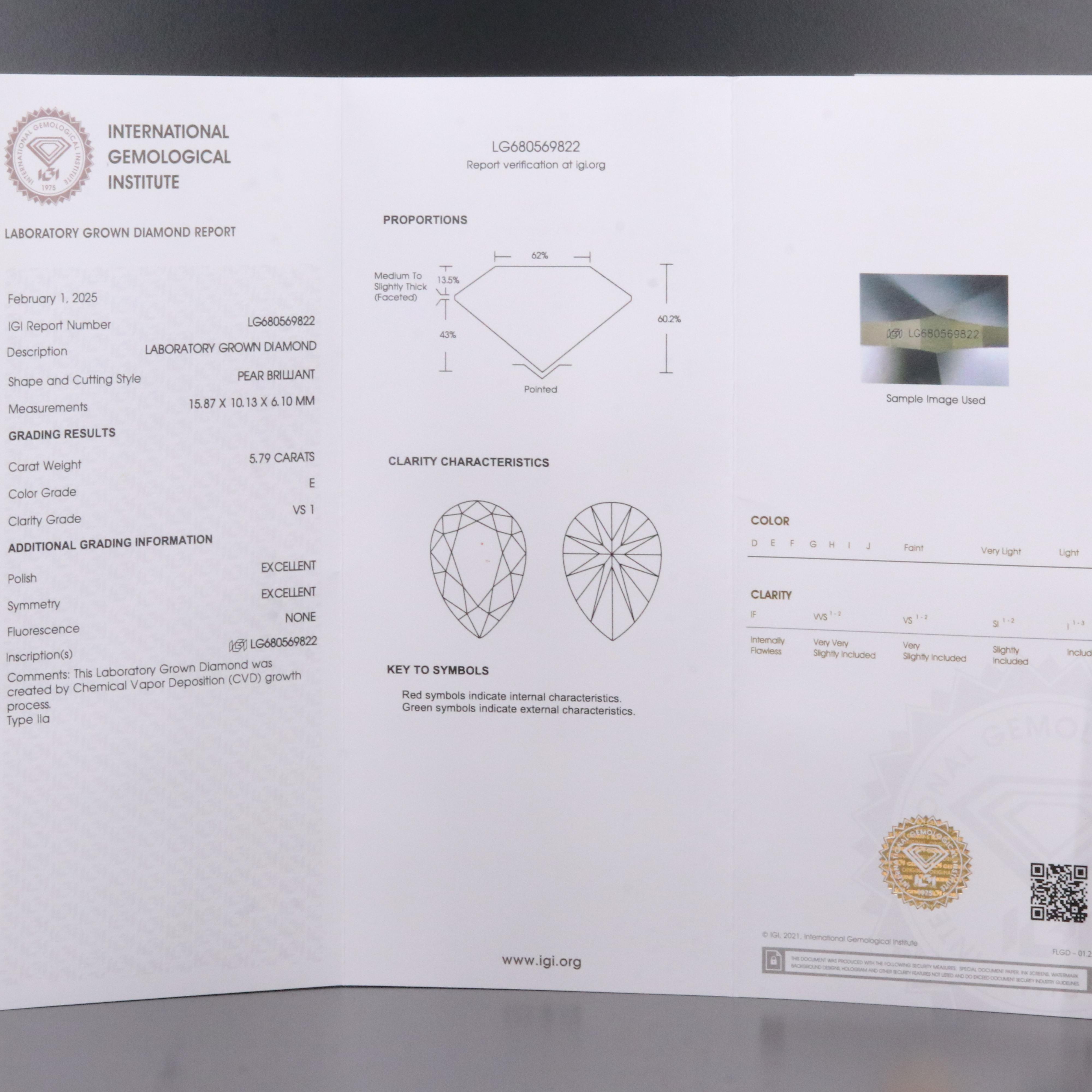 18K 5.79 CT Lab Grown Diamond Solitaire Necklace with IGI Report