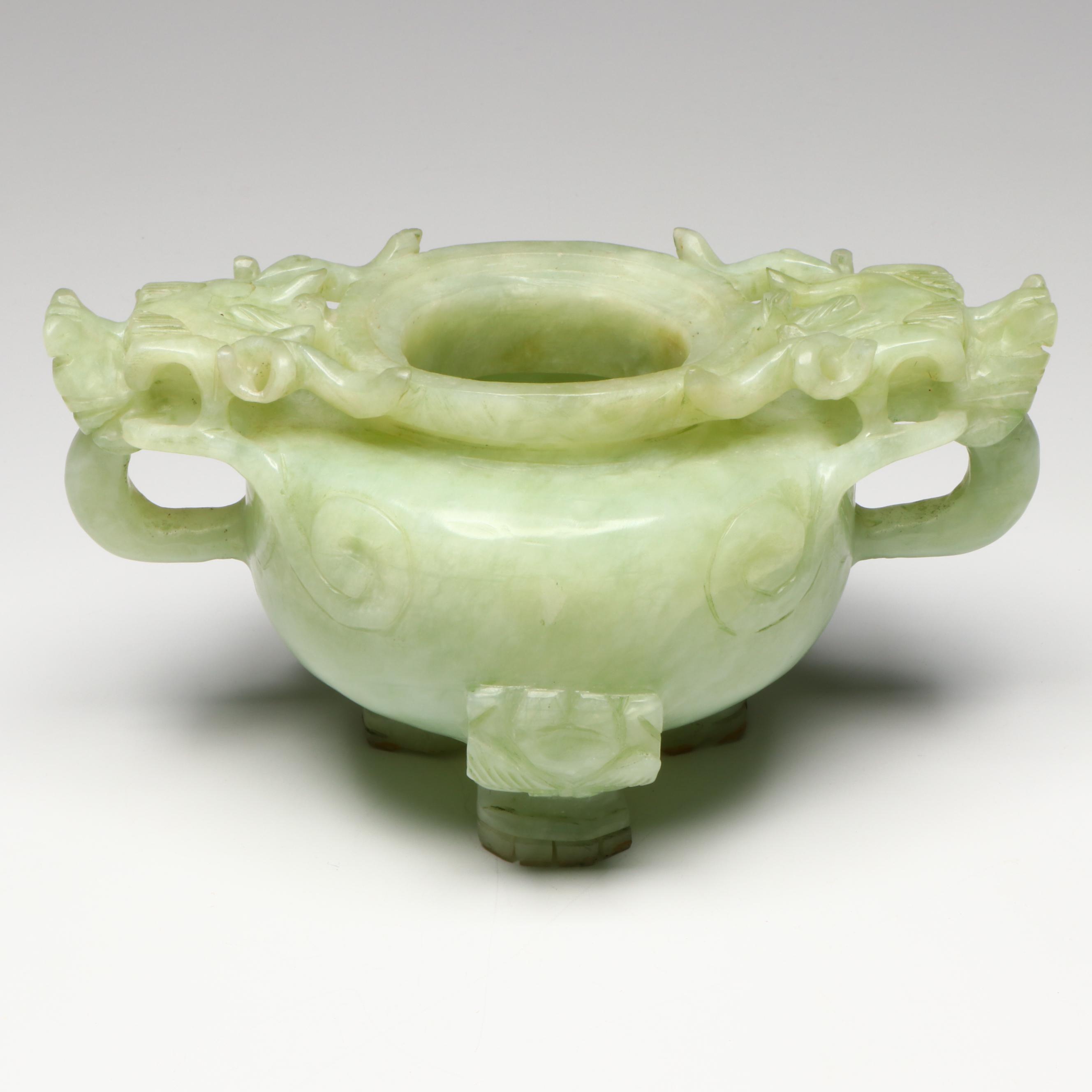 Chinese Carved Serpentine Dragon-Handled Censer