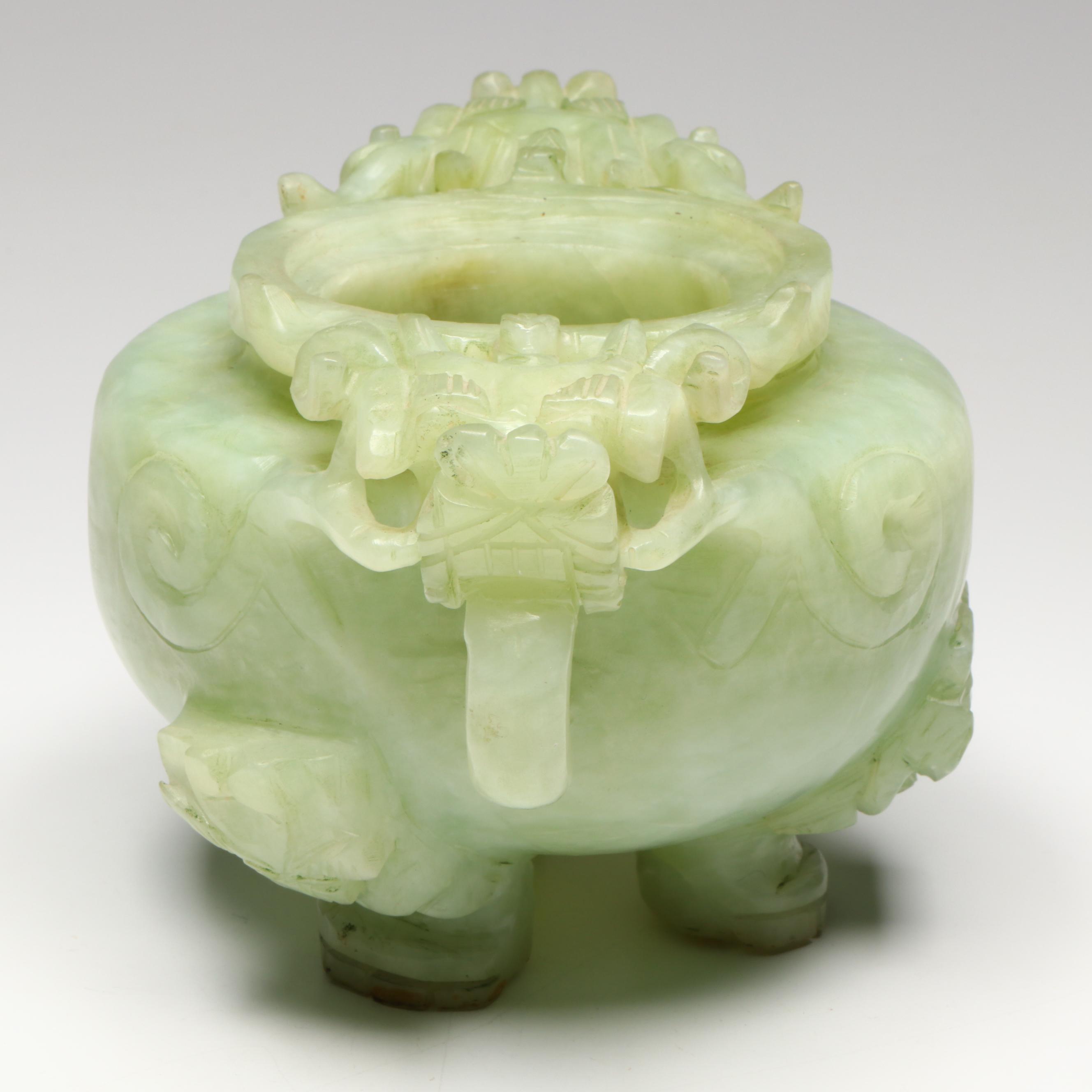 Chinese Carved Serpentine Dragon-Handled Censer