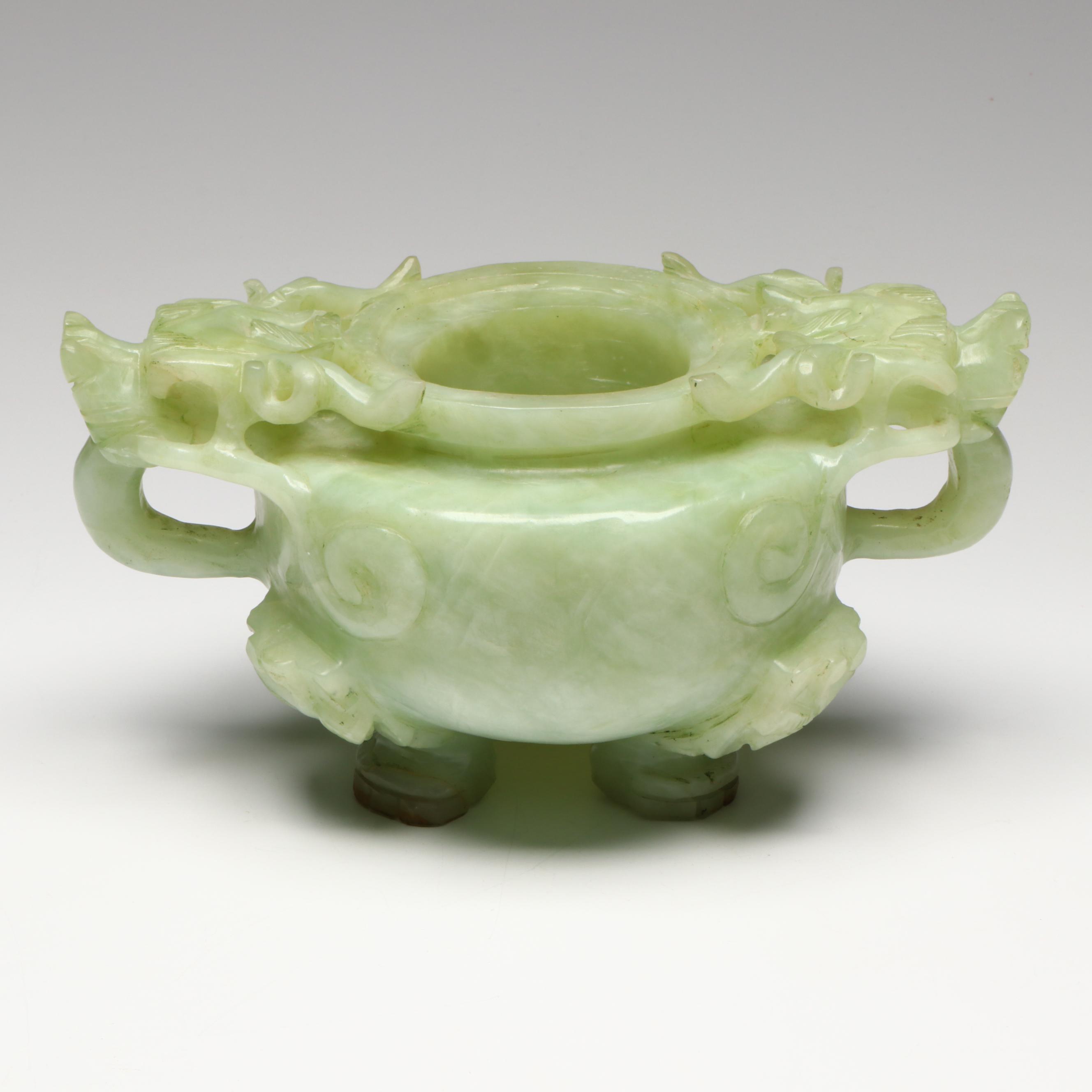 Chinese Carved Serpentine Dragon-Handled Censer