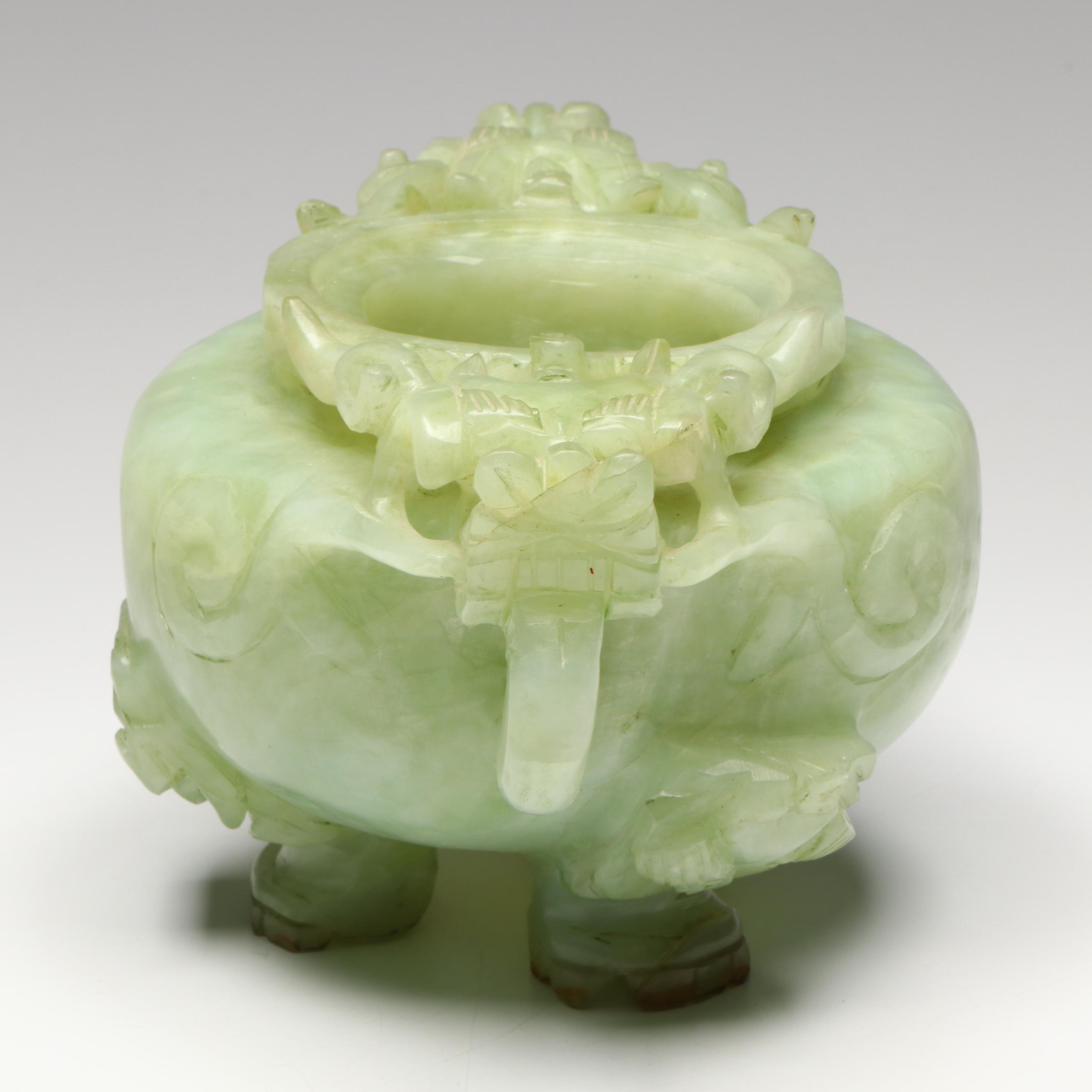 Chinese Carved Serpentine Dragon-Handled Censer