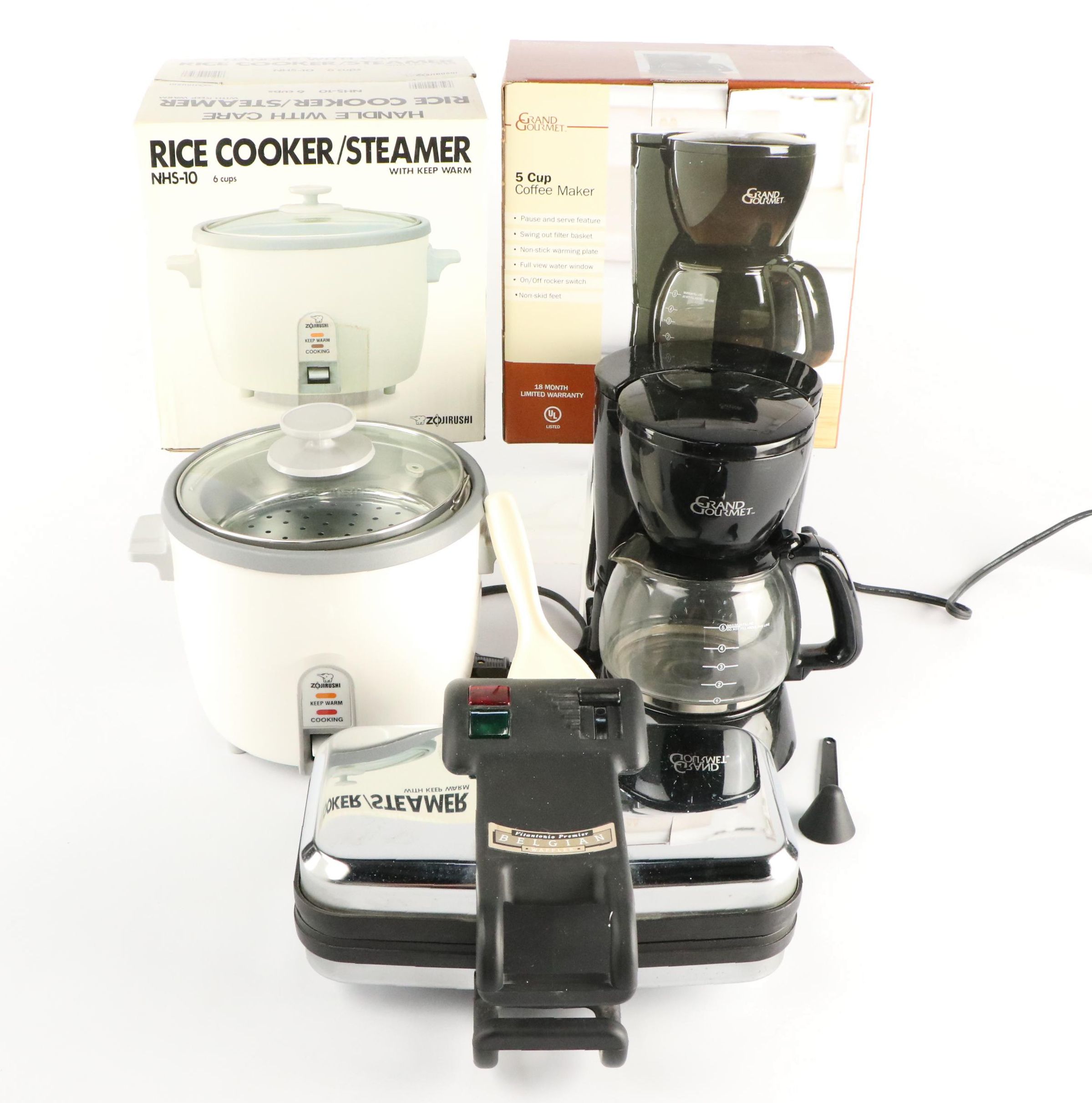 Grand Gourmet Coffee Maker, Zojirushi Rice Cooker, and Vitantonio Waffle Maker