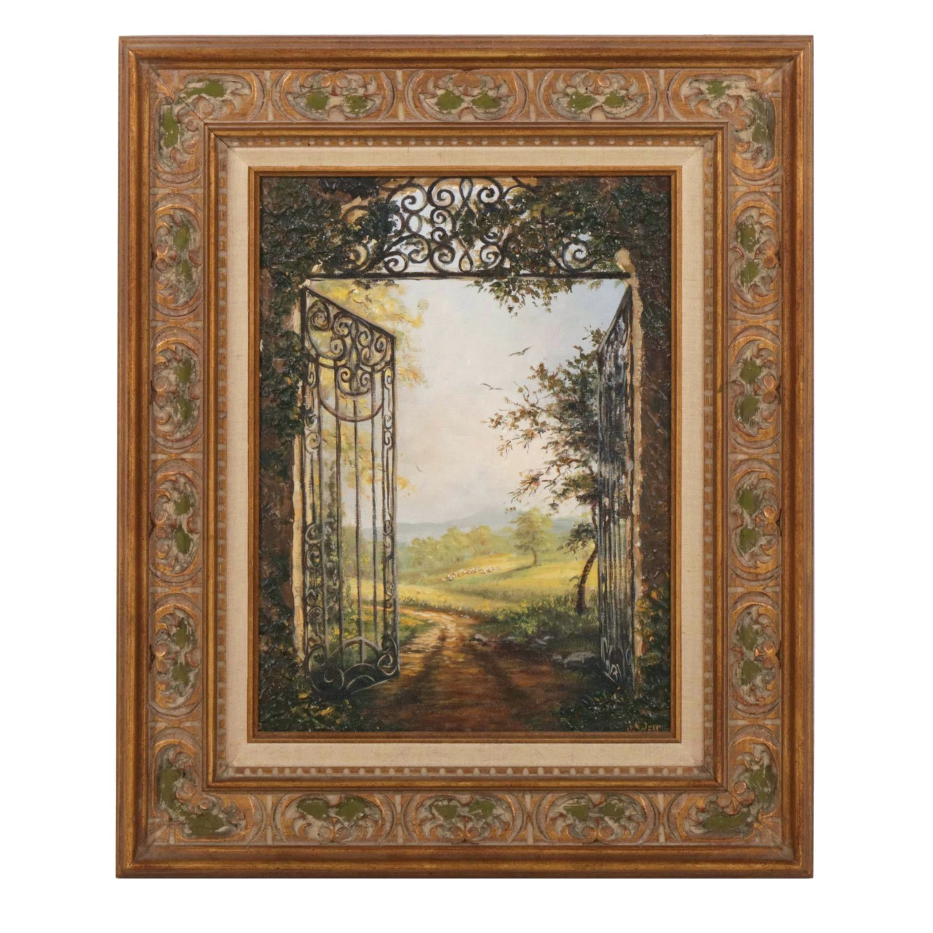 Landscape Oil Painting of a Scrollwork Garden Gate