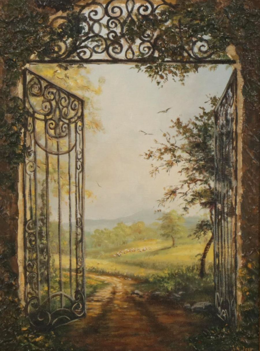 Landscape Oil Painting of a Scrollwork Garden Gate