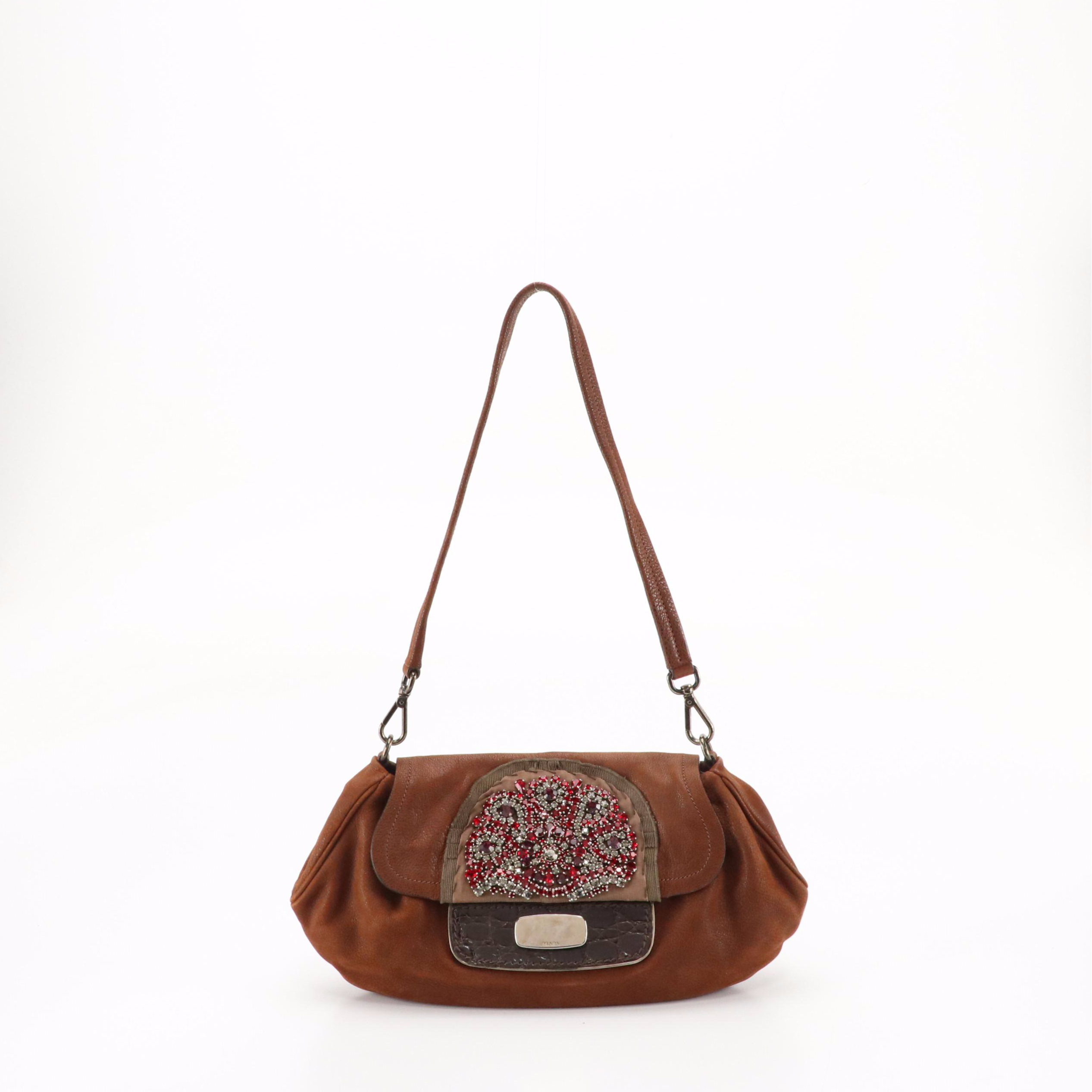 Prada Antic Skipper Shoulder Bag in Crocodile and Embellished Bruciato Leather