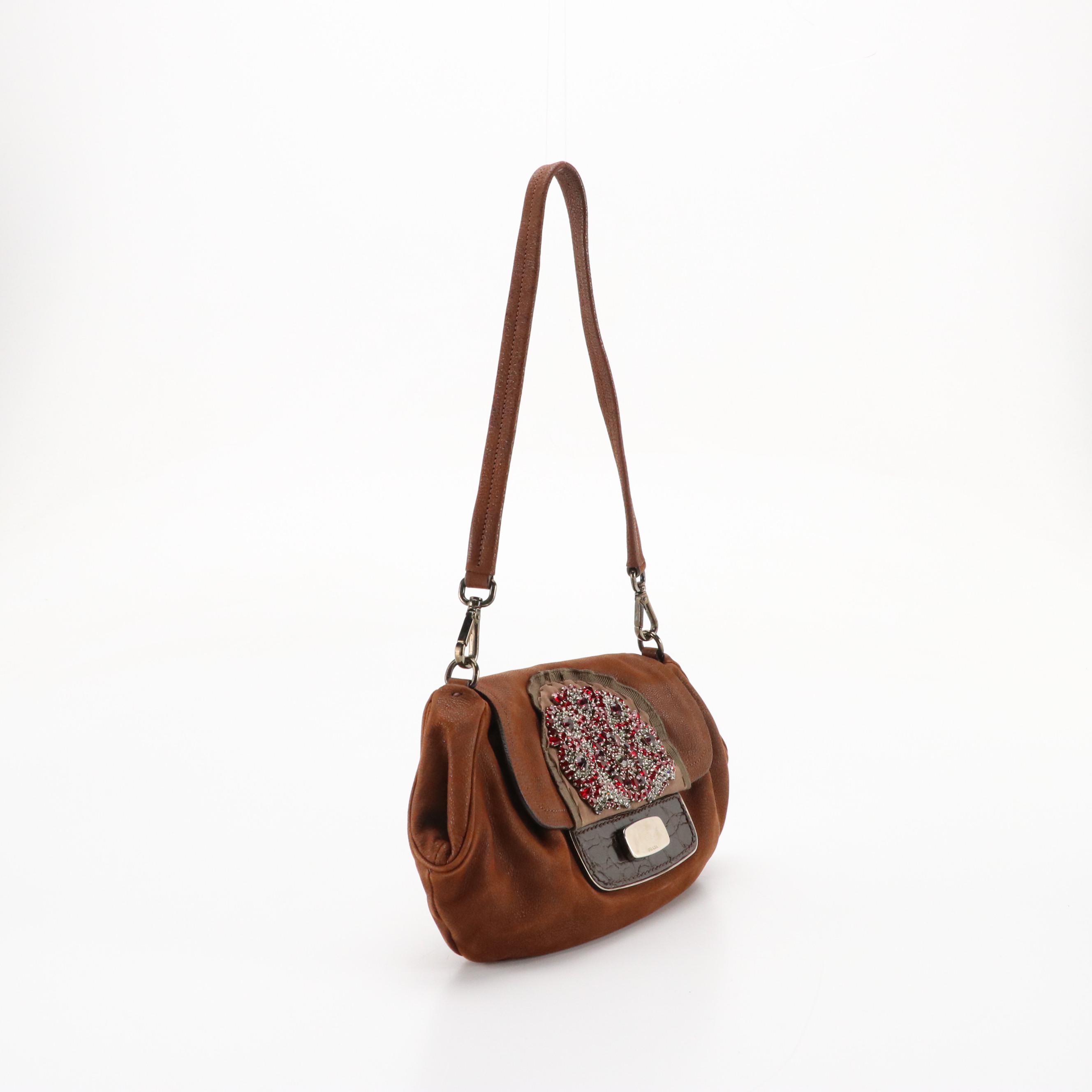 Prada Antic Skipper Shoulder Bag in Crocodile and Embellished Bruciato Leather