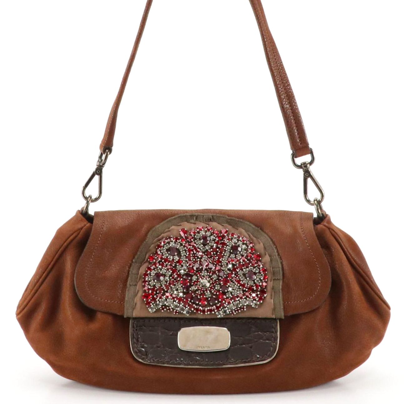 Prada Antic Skipper Shoulder Bag in Crocodile and Embellished Bruciato Leather