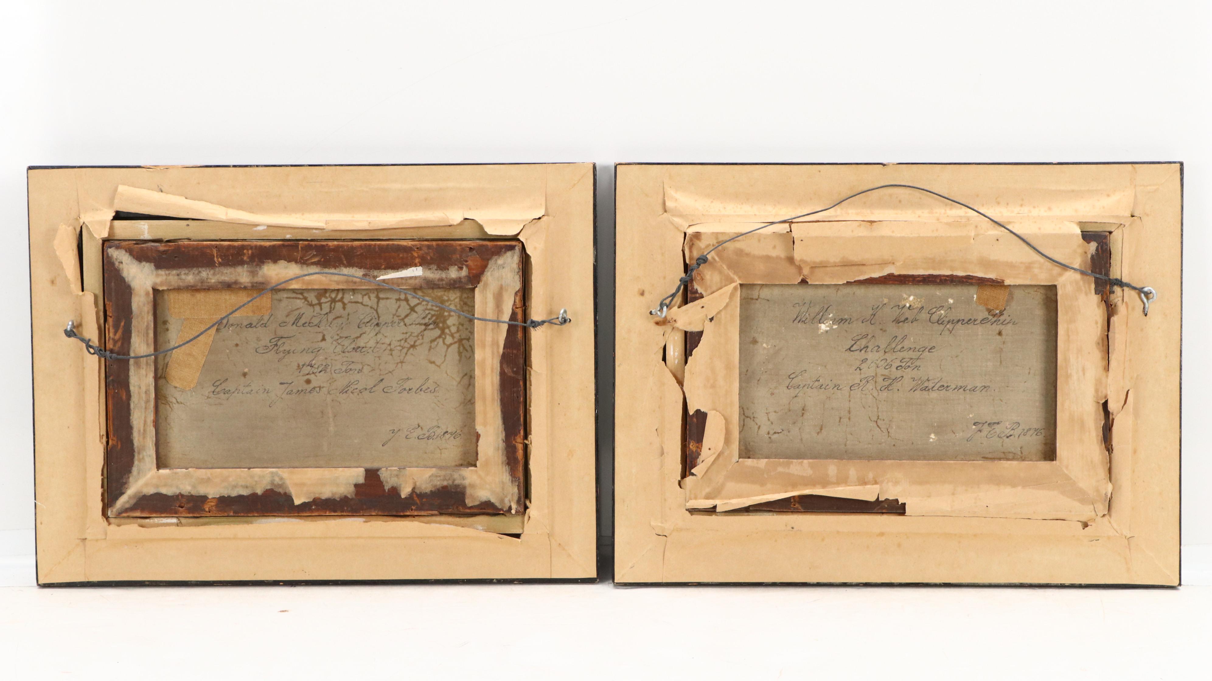 J.E.B. Maritime Oil Paintings of Clipper Ships Challenge and Flying Cloud, 1876