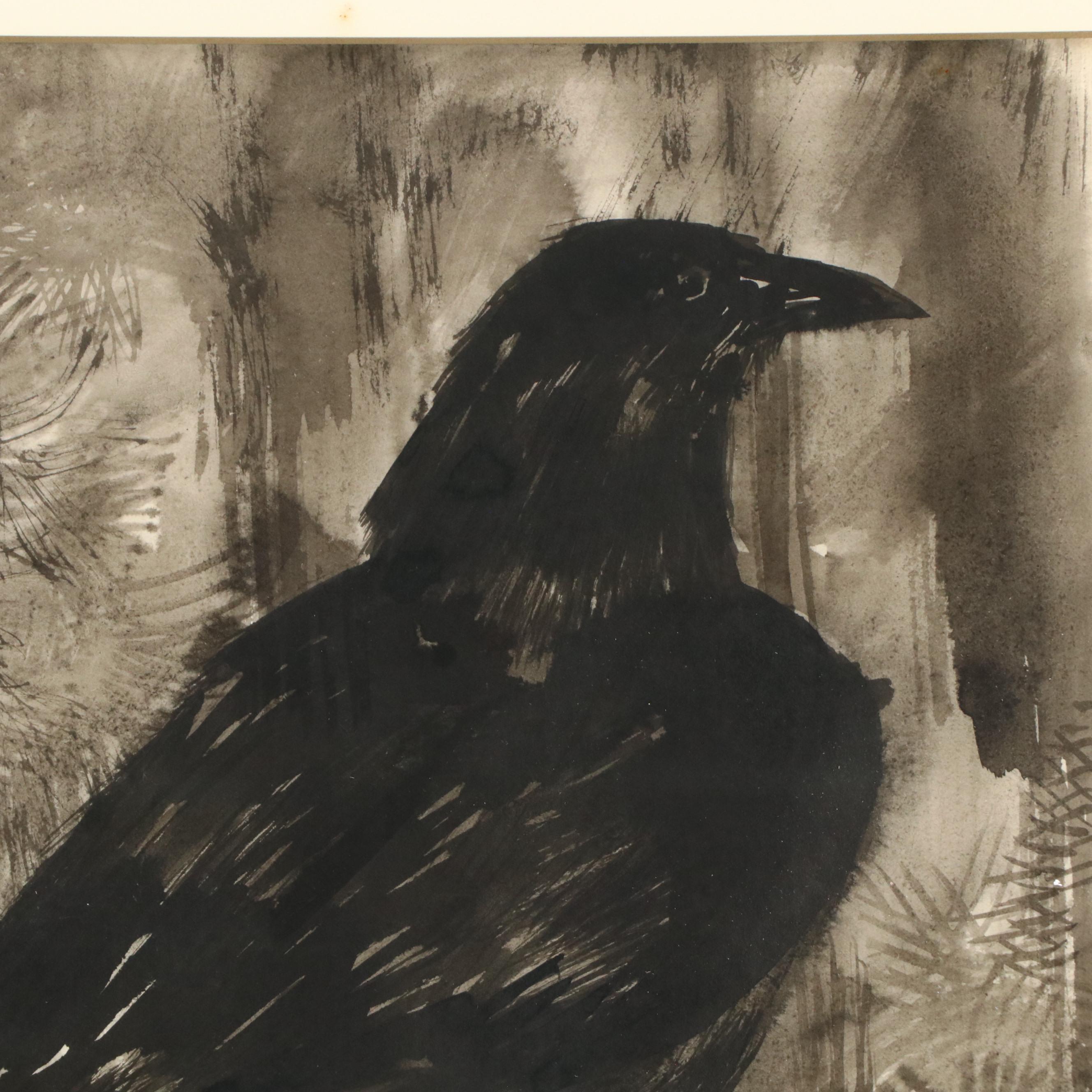 Leonard Maurer Ink Painting of Raven, 1966