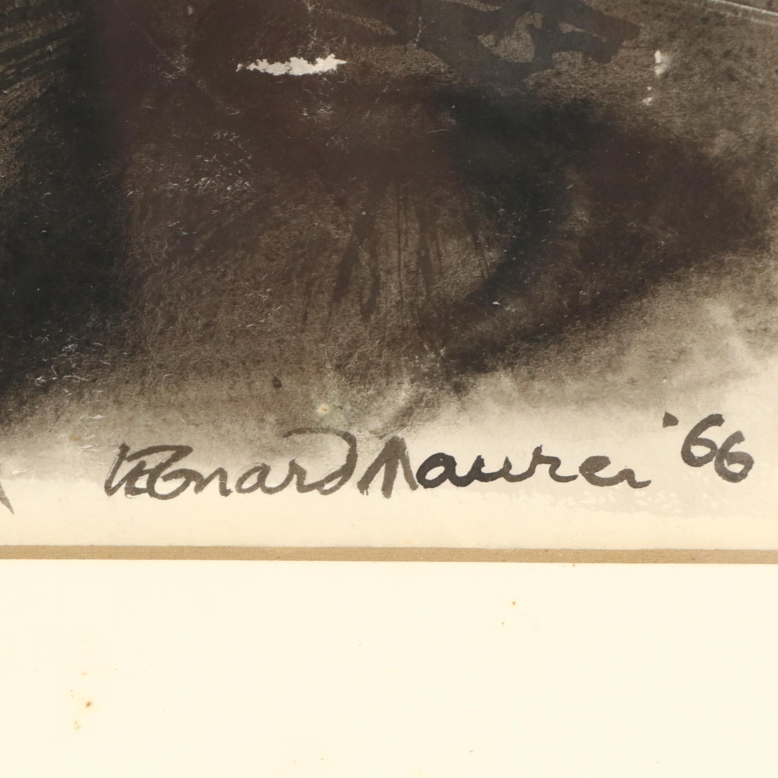 Leonard Maurer Ink Painting of Raven, 1966